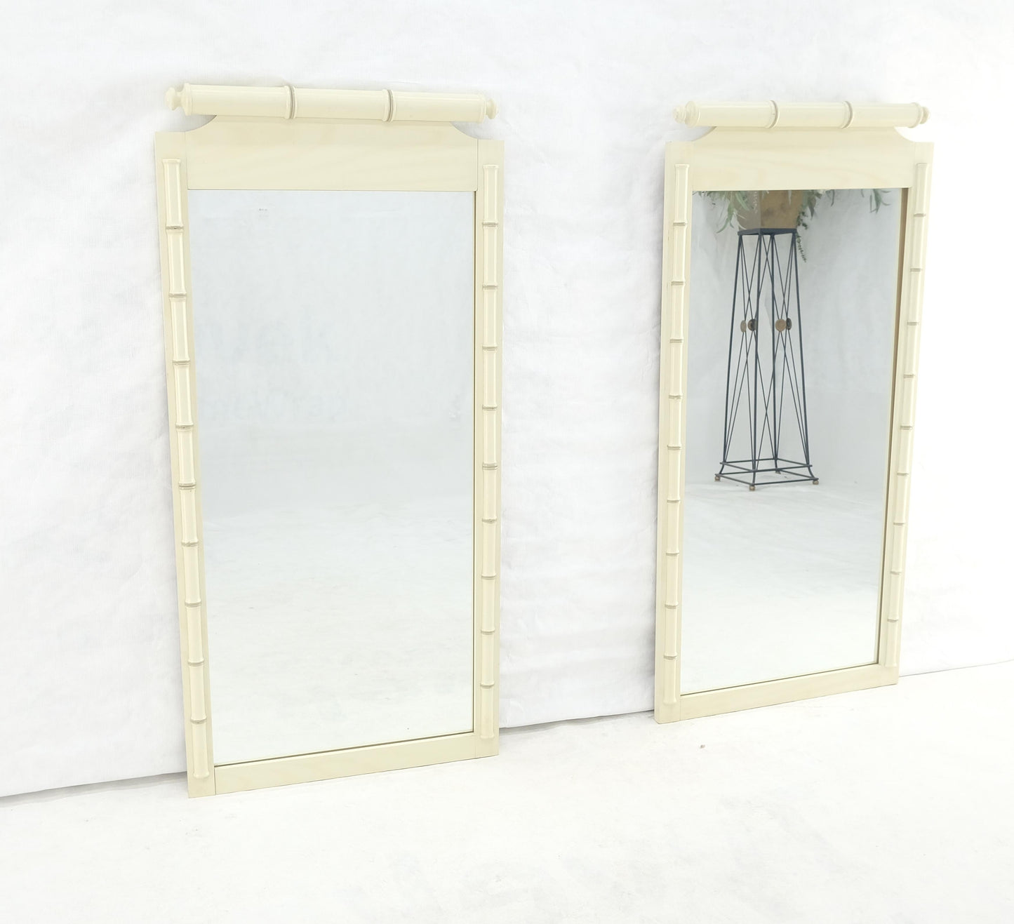 EstablishedLines Pair of White Lacquer Mid Century Modern Rectangle Faux Bamboo Wall Mirrors MINT