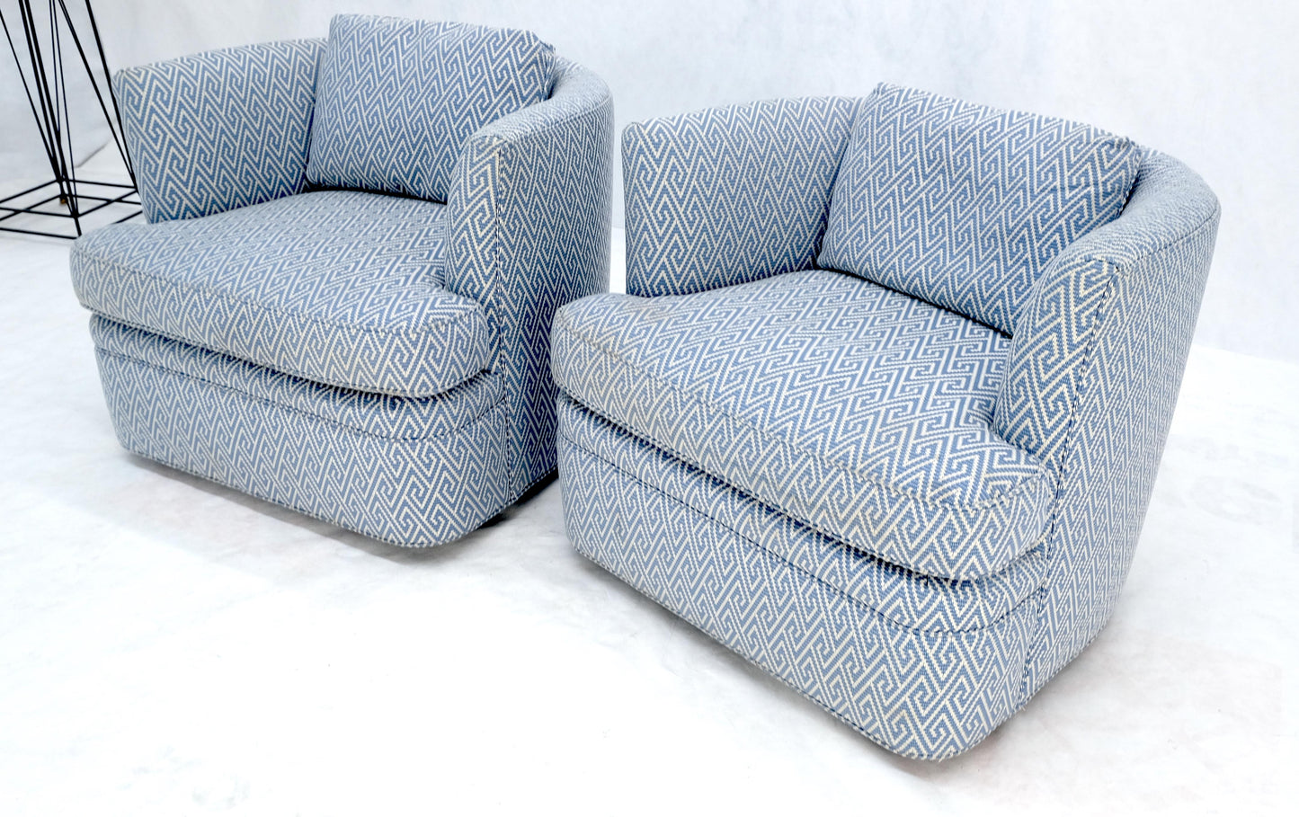 EstablishedLines Pair of  Blue & White Upholstery Vintage MCM Barrel Back Swivel Chairs