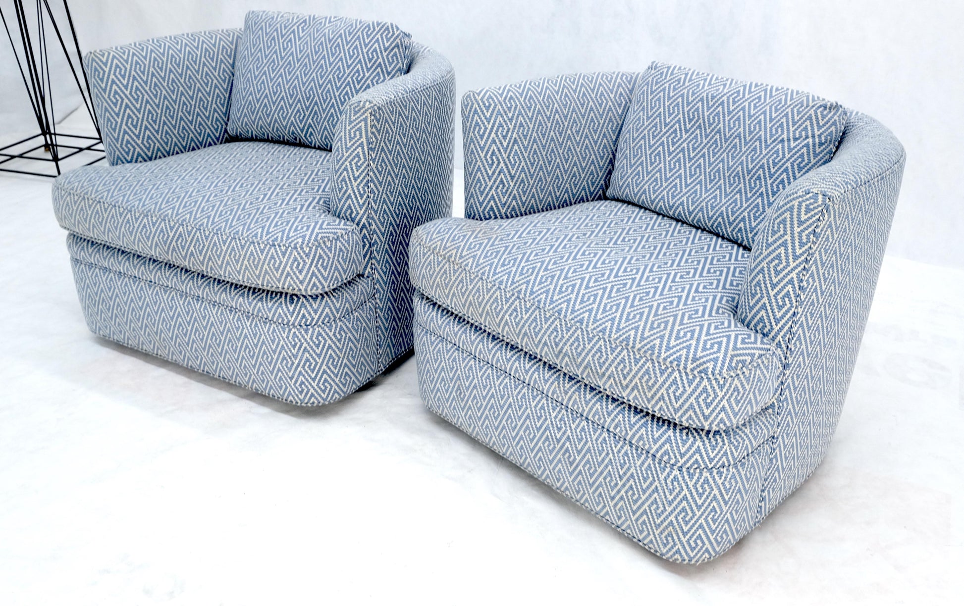 EstablishedLines Pair of  Blue & White Upholstery Vintage MCM Barrel Back Swivel Chairs