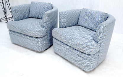 EstablishedLines Pair of  Blue & White Upholstery Vintage MCM Barrel Back Swivel Chairs