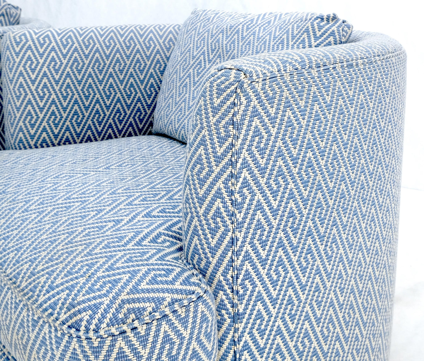 EstablishedLines Pair of  Blue & White Upholstery Vintage MCM Barrel Back Swivel Chairs