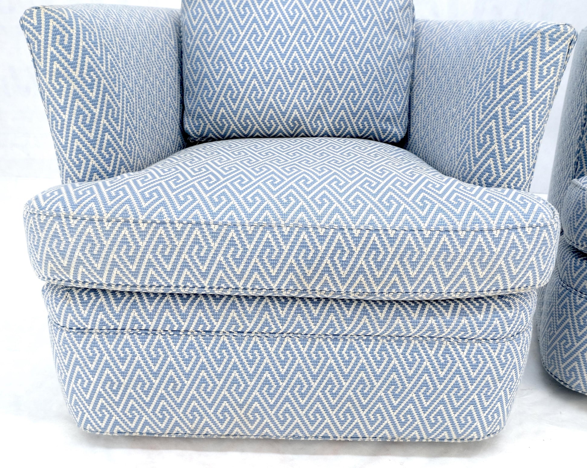 EstablishedLines Pair of  Blue & White Upholstery Vintage MCM Barrel Back Swivel Chairs