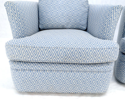 EstablishedLines Pair of  Blue & White Upholstery Vintage MCM Barrel Back Swivel Chairs