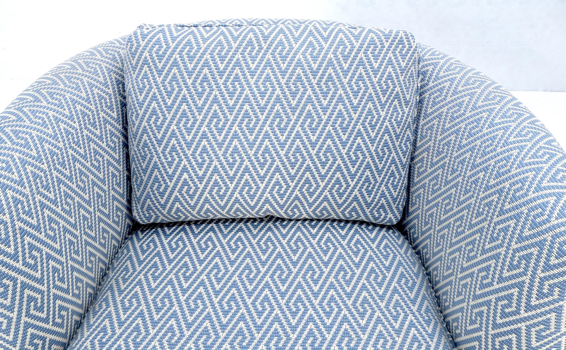 EstablishedLines Pair of  Blue & White Upholstery Vintage MCM Barrel Back Swivel Chairs