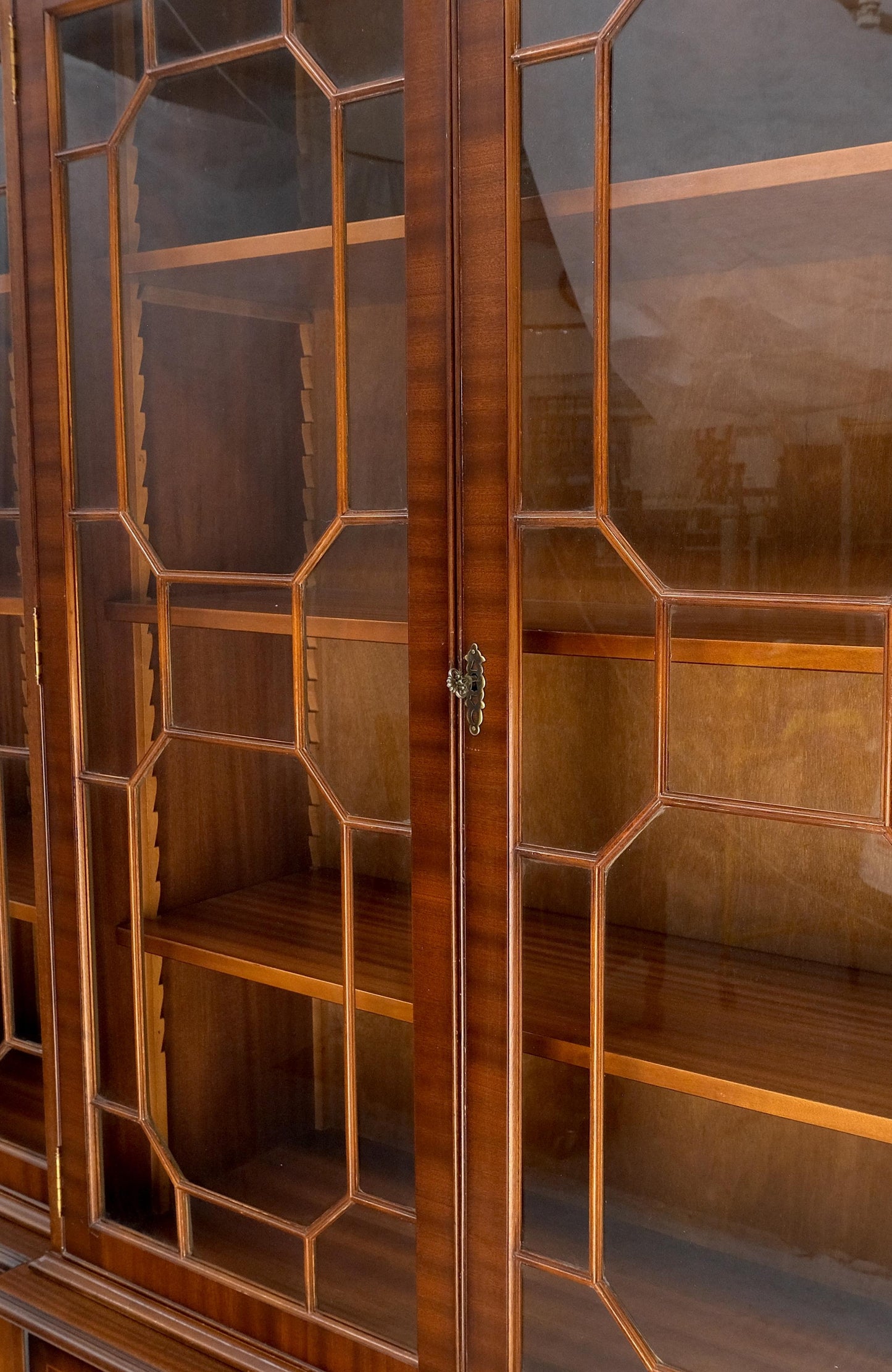 EstablishedLines Georgian Flame Mahogany Breakfront Bookcase Butlers Drop Desk Individual Glass