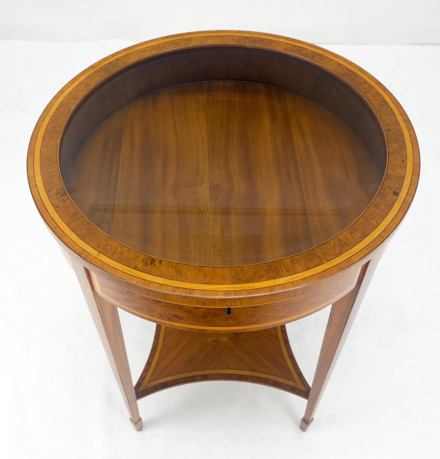 EstablishedLines Very Fine Round Glass Top Showcase Inlaid Burl Lamp Table Stand Maitland-Smith