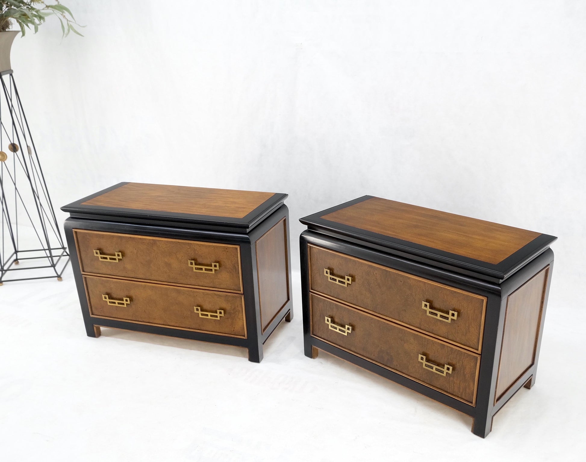 Pair Burl Wood Black Lacquer Solid Brass Drop Pull 2 Drawer Night Stands MINT!