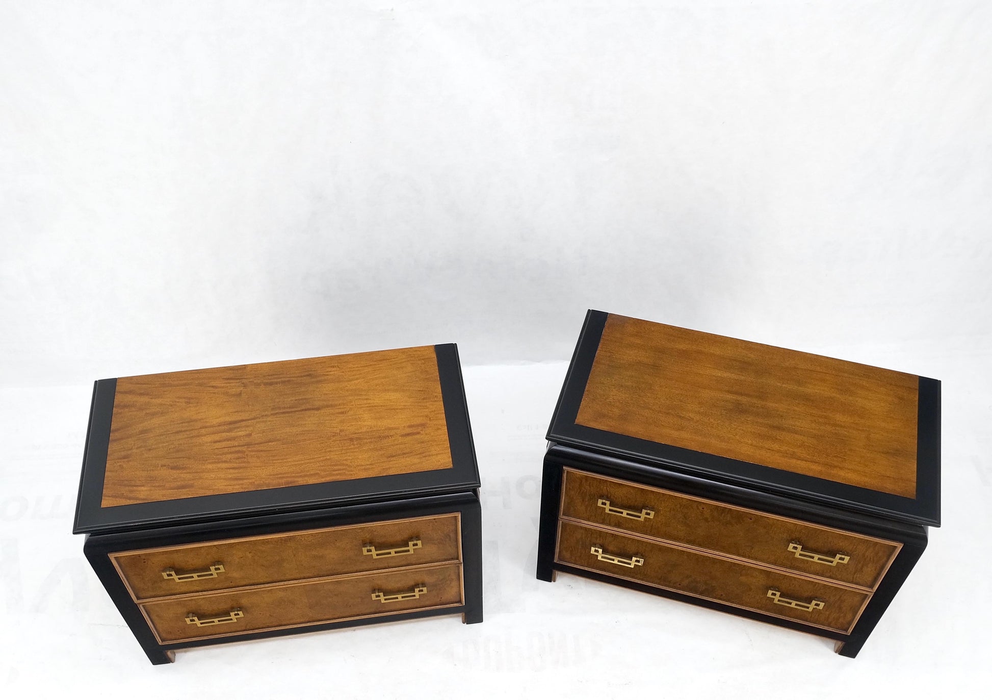 Pair Burl Wood Black Lacquer Solid Brass Drop Pull 2 Drawer Night Stands MINT!