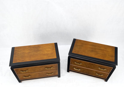 Pair Burl Wood Black Lacquer Solid Brass Drop Pull 2 Drawer Night Stands MINT!