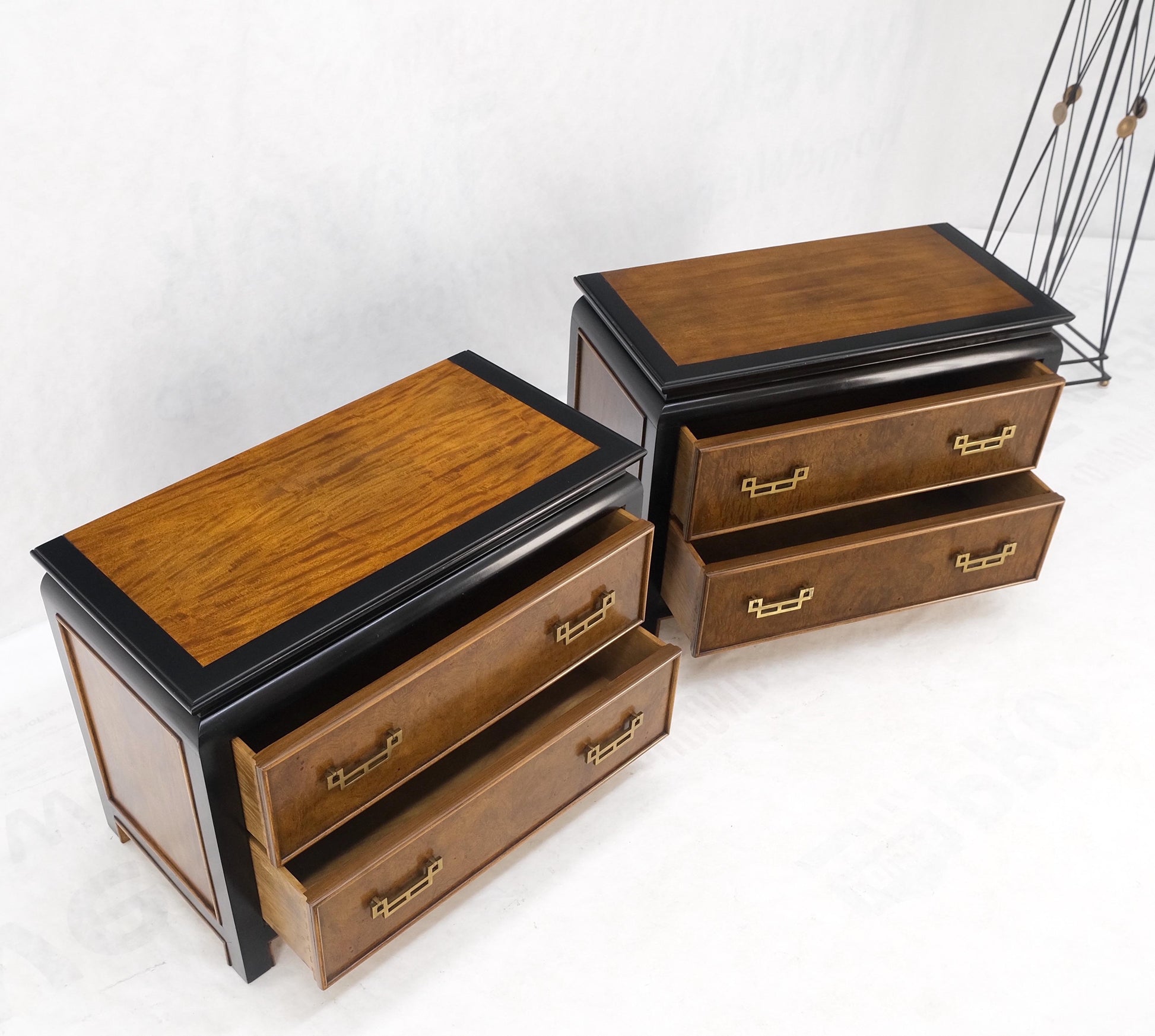 Pair Burl Wood Black Lacquer Solid Brass Drop Pull 2 Drawer Night Stands MINT!