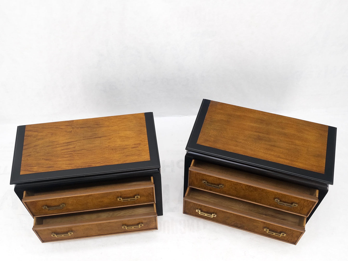 Pair Burl Wood Black Lacquer Solid Brass Drop Pull 2 Drawer Night Stands MINT!