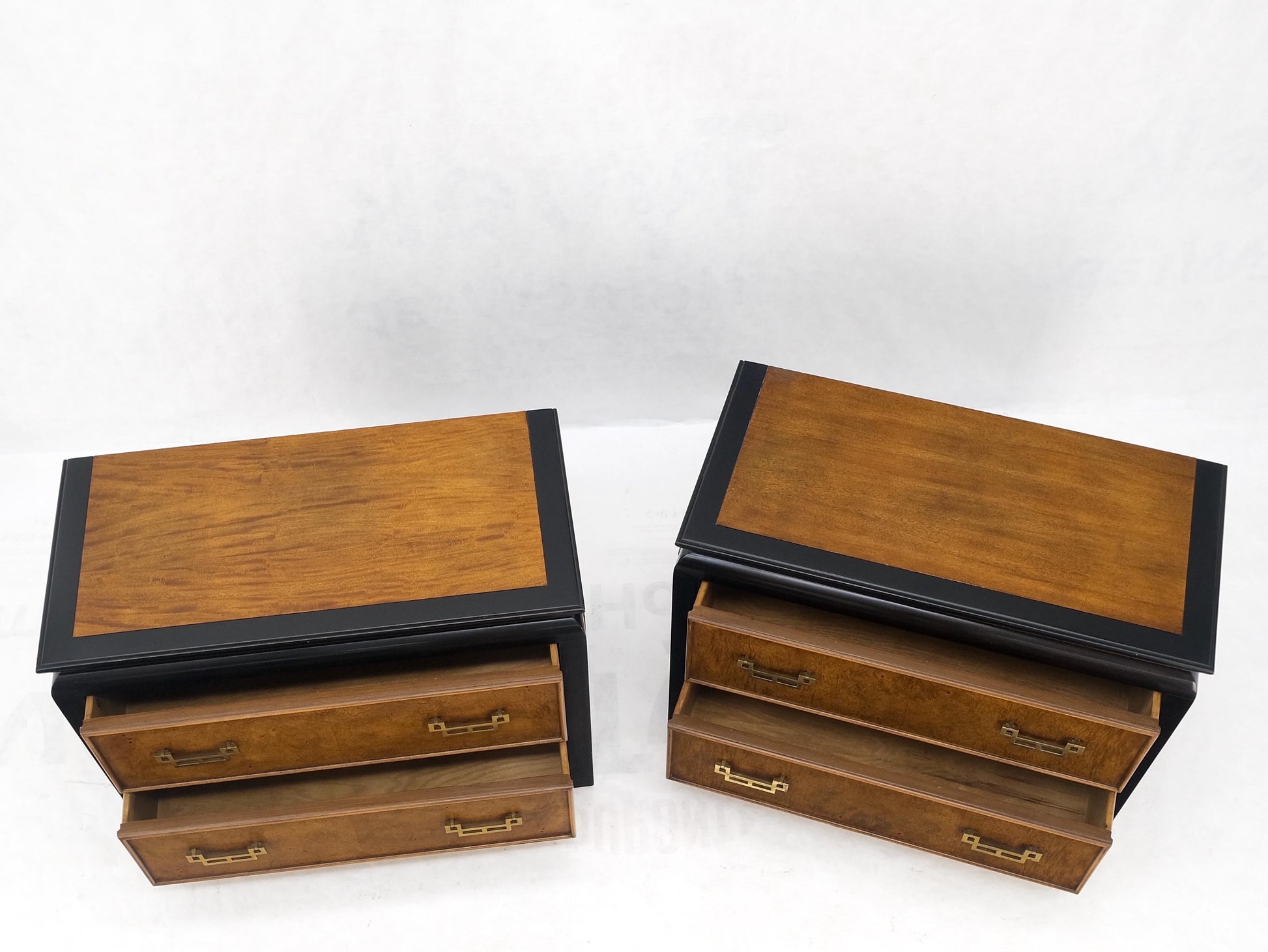 Pair Burl Wood Black Lacquer Solid Brass Drop Pull 2 Drawer Night Stands MINT!
