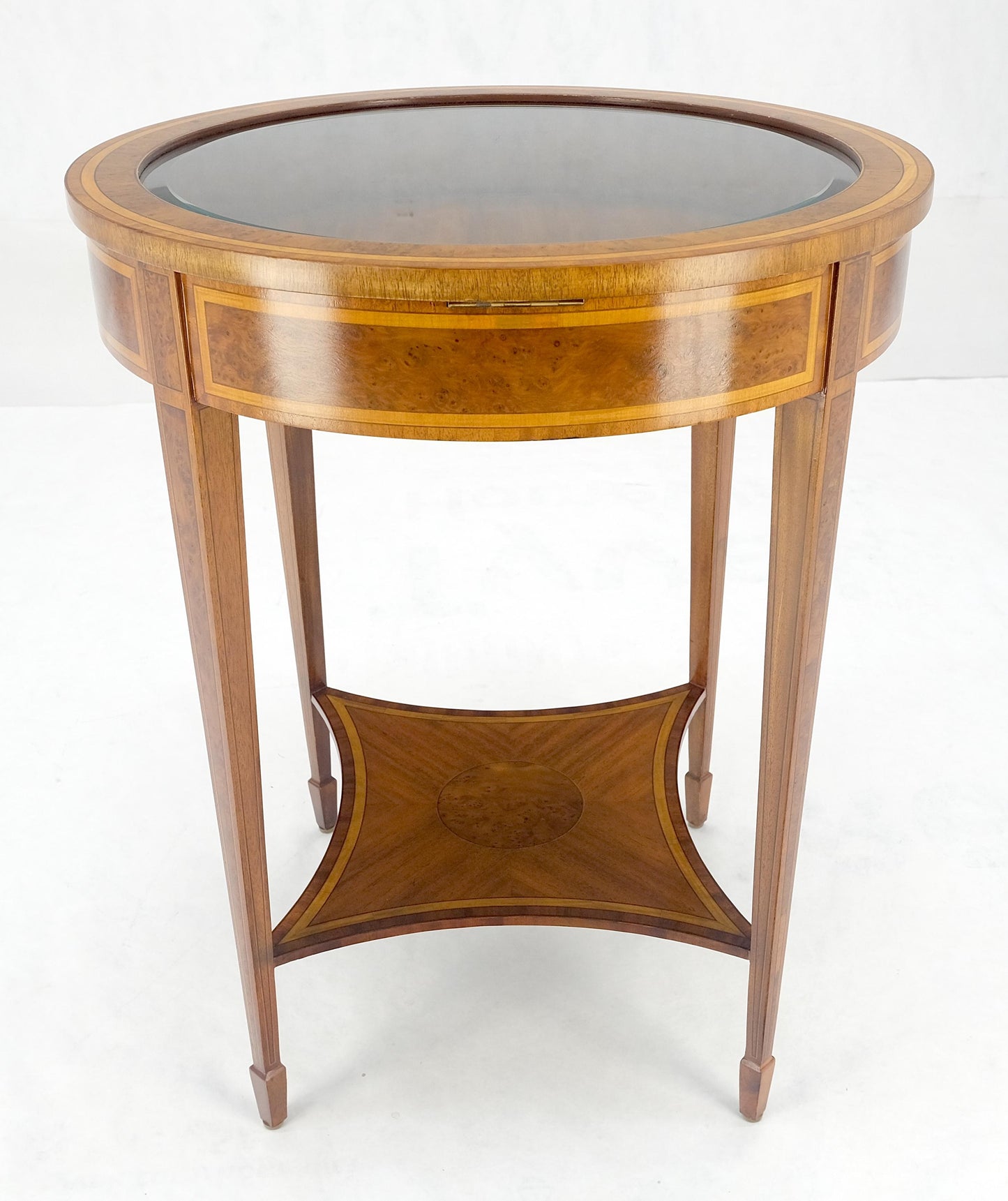 EstablishedLines Very Fine Round Glass Top Showcase Inlaid Burl Lamp Table Stand Maitland-Smith
