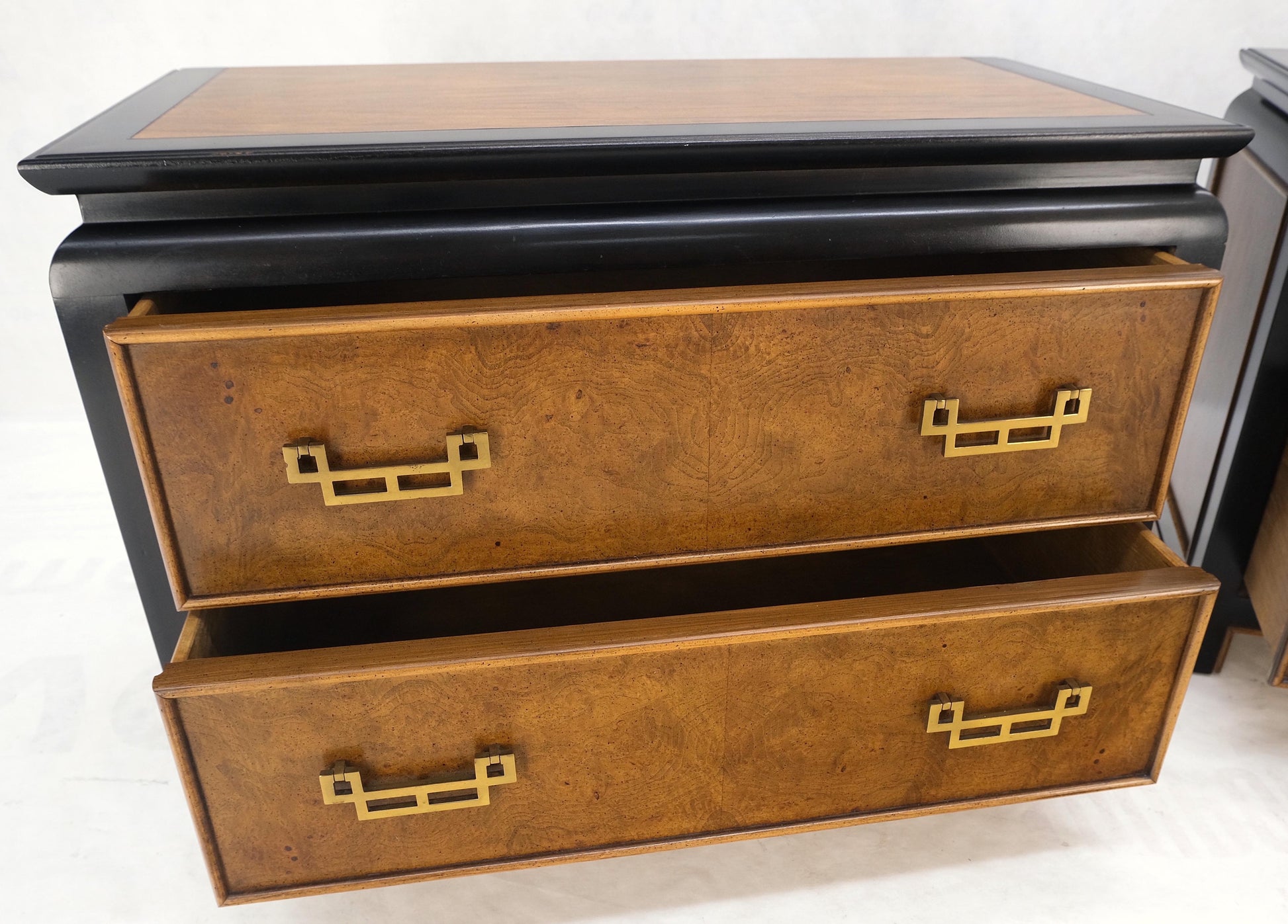 Pair Burl Wood Black Lacquer Solid Brass Drop Pull 2 Drawer Night Stands MINT!