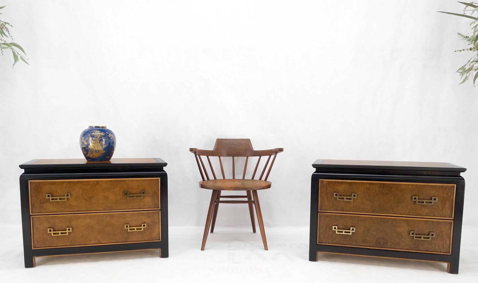 Pair Burl Wood Black Lacquer Solid Brass Drop Pull 2 Drawer Night Stands MINT!