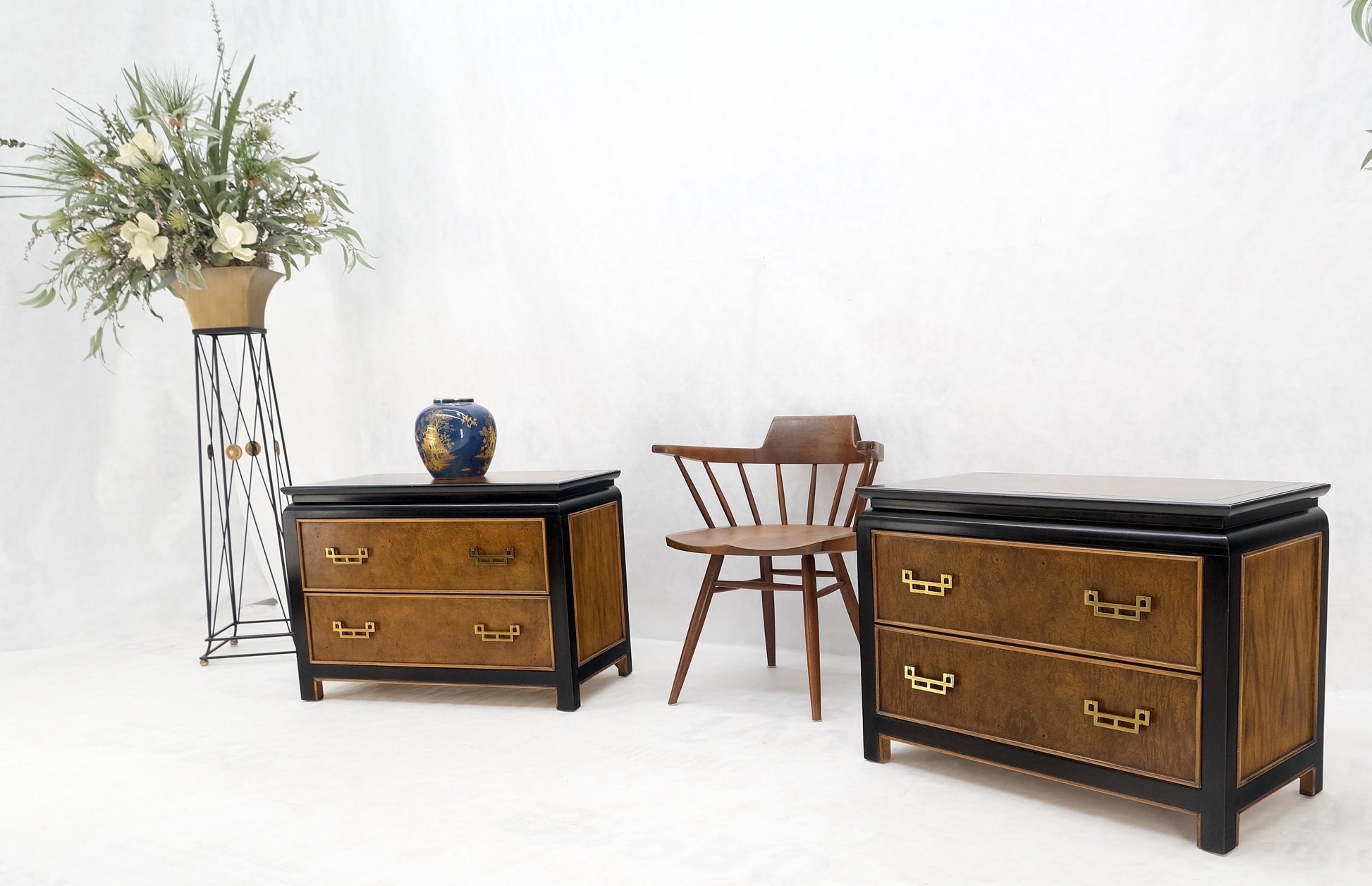 Pair Burl Wood Black Lacquer Solid Brass Drop Pull 2 Drawer Night Stands MINT!