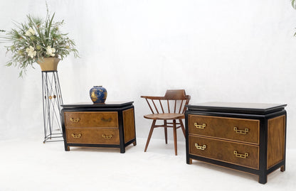 Pair Burl Wood Black Lacquer Solid Brass Drop Pull 2 Drawer Night Stands MINT!