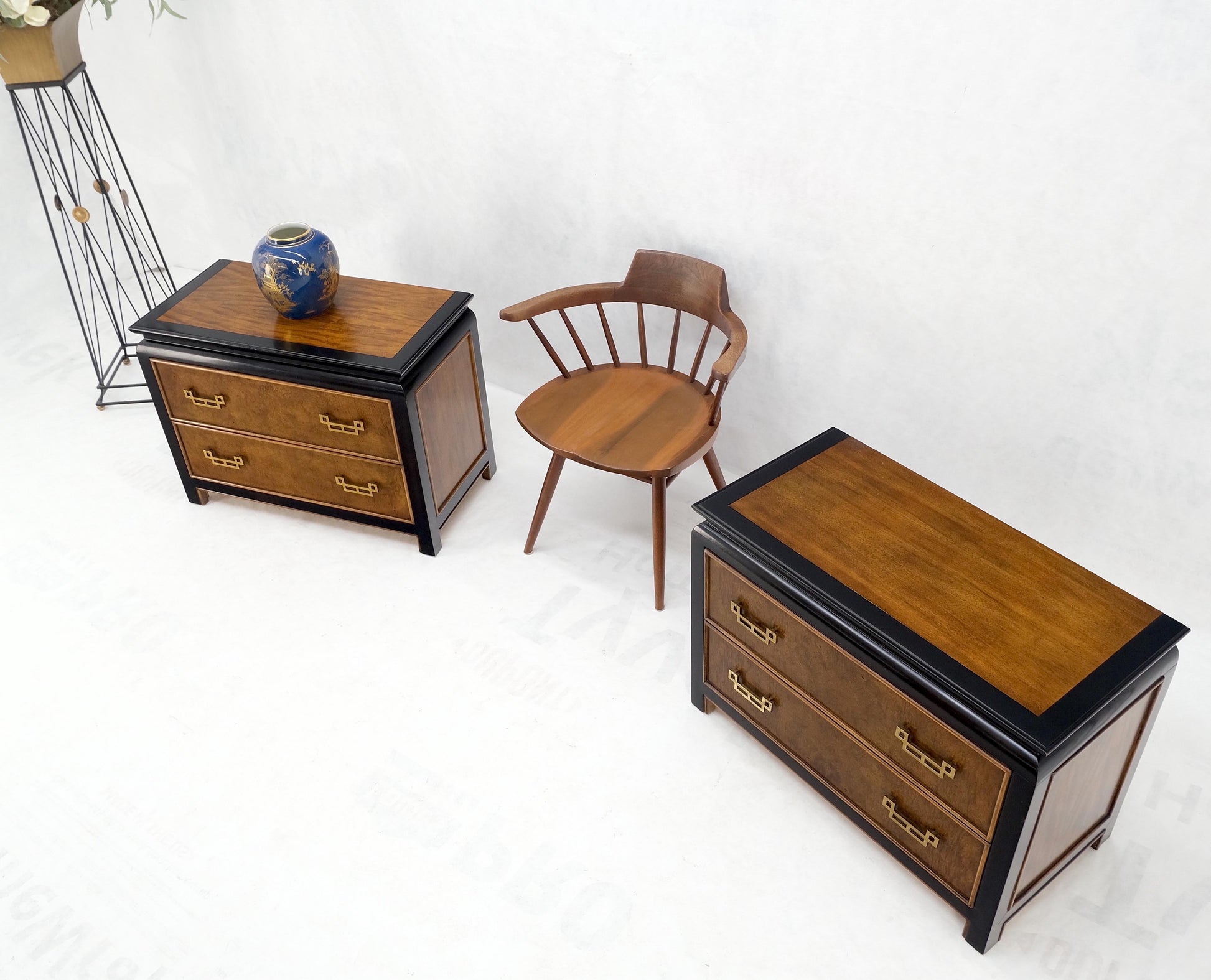 Pair Burl Wood Black Lacquer Solid Brass Drop Pull 2 Drawer Night Stands MINT!