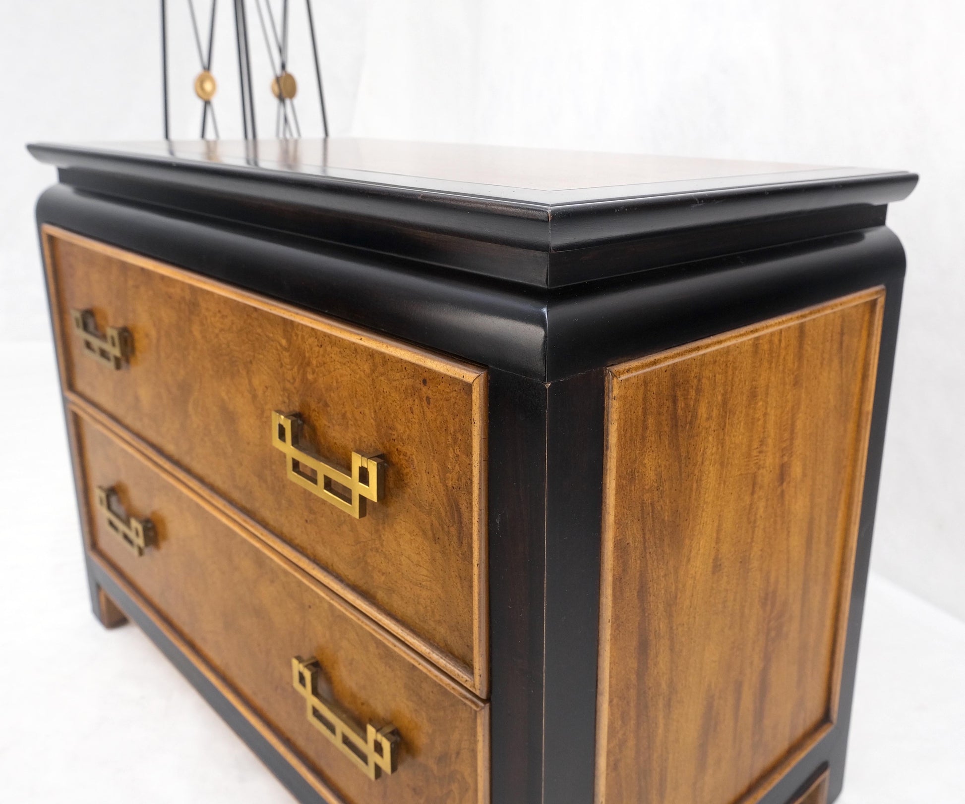Pair Burl Wood Black Lacquer Solid Brass Drop Pull 2 Drawer Night Stands MINT!