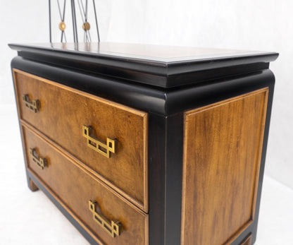 Pair Burl Wood Black Lacquer Solid Brass Drop Pull 2 Drawer Night Stands MINT!