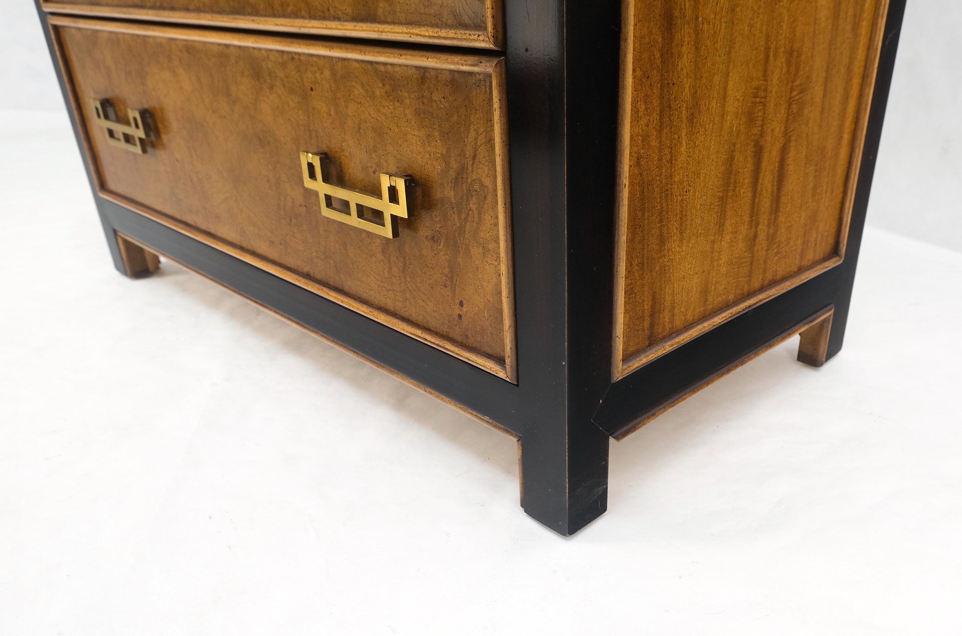 Pair Burl Wood Black Lacquer Solid Brass Drop Pull 2 Drawer Night Stands MINT!