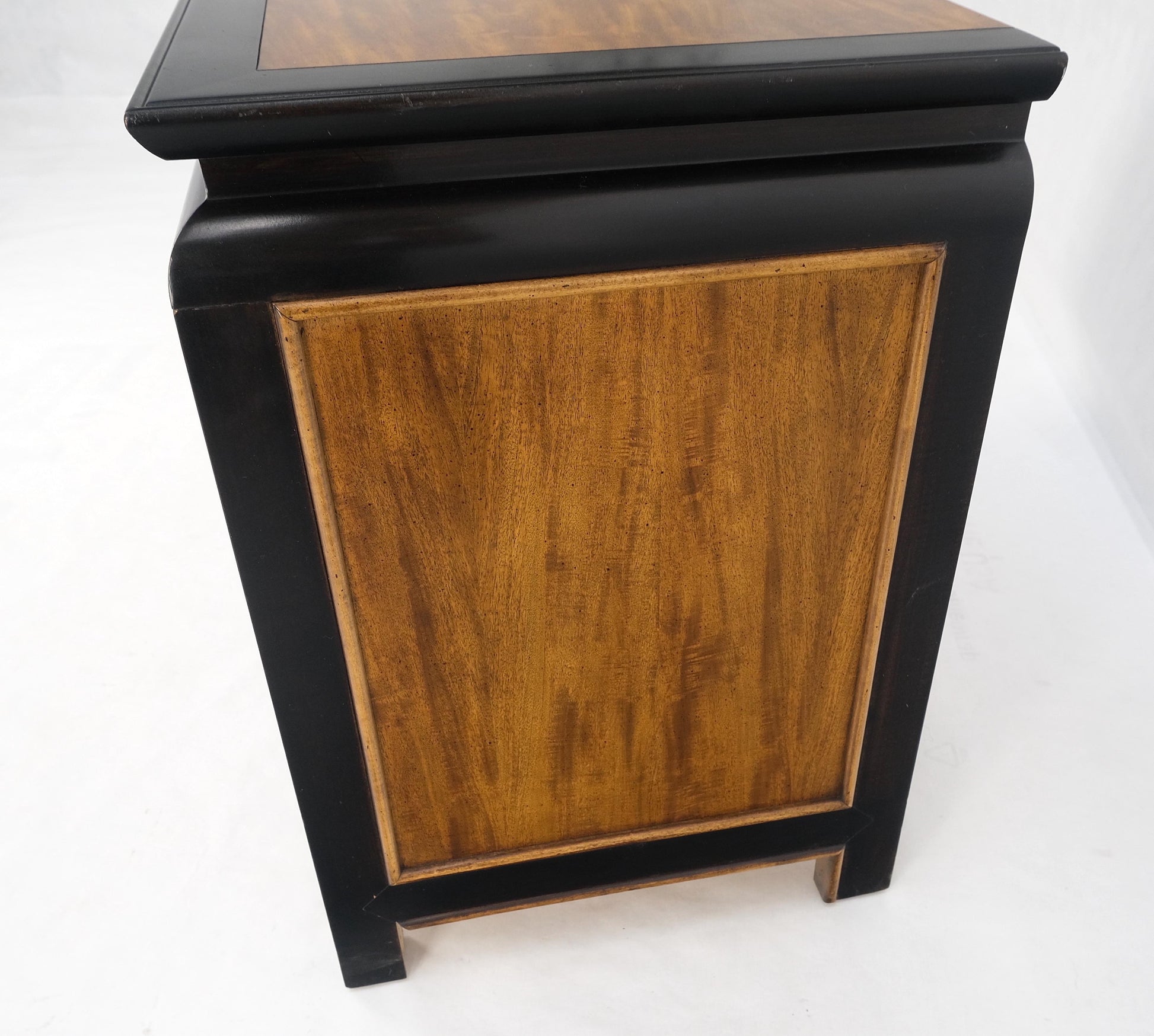 Pair Burl Wood Black Lacquer Solid Brass Drop Pull 2 Drawer Night Stands MINT!