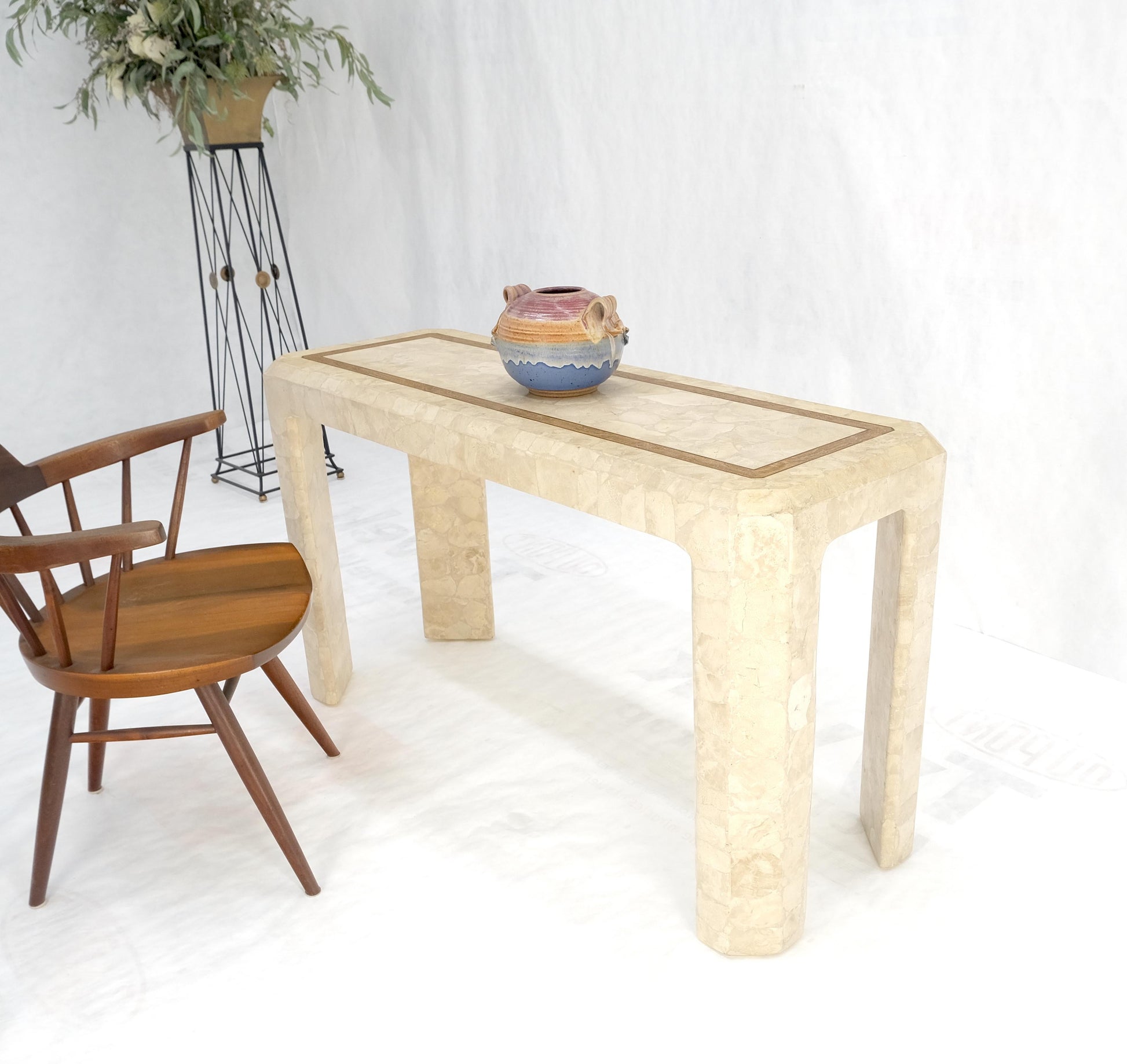 EstablishedLines Tessellated Travertine Inlayed Top Console Sofa Table Mid Century Modern MINT!