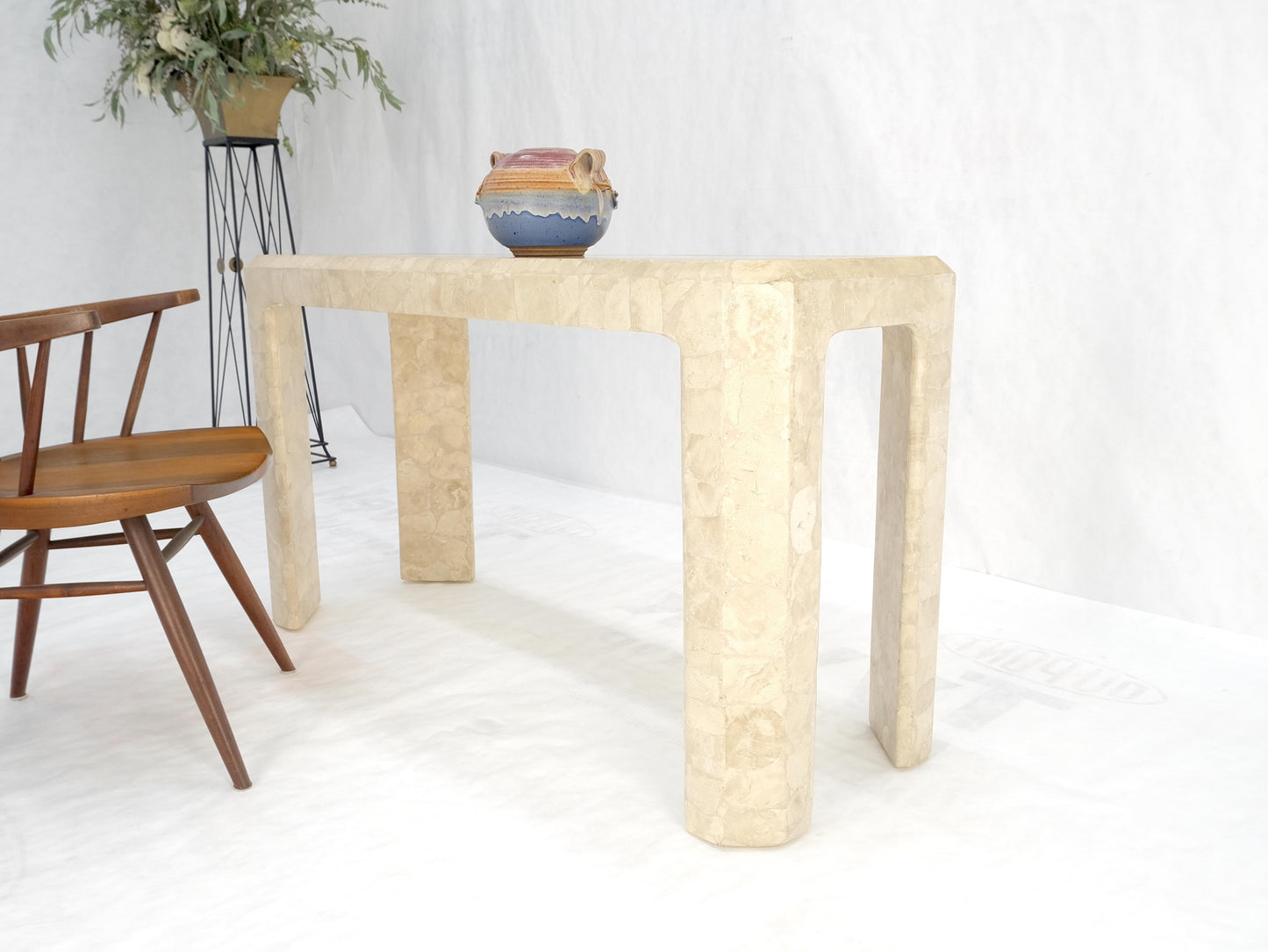 EstablishedLines Tessellated Travertine Inlayed Top Console Sofa Table Mid Century Modern MINT!