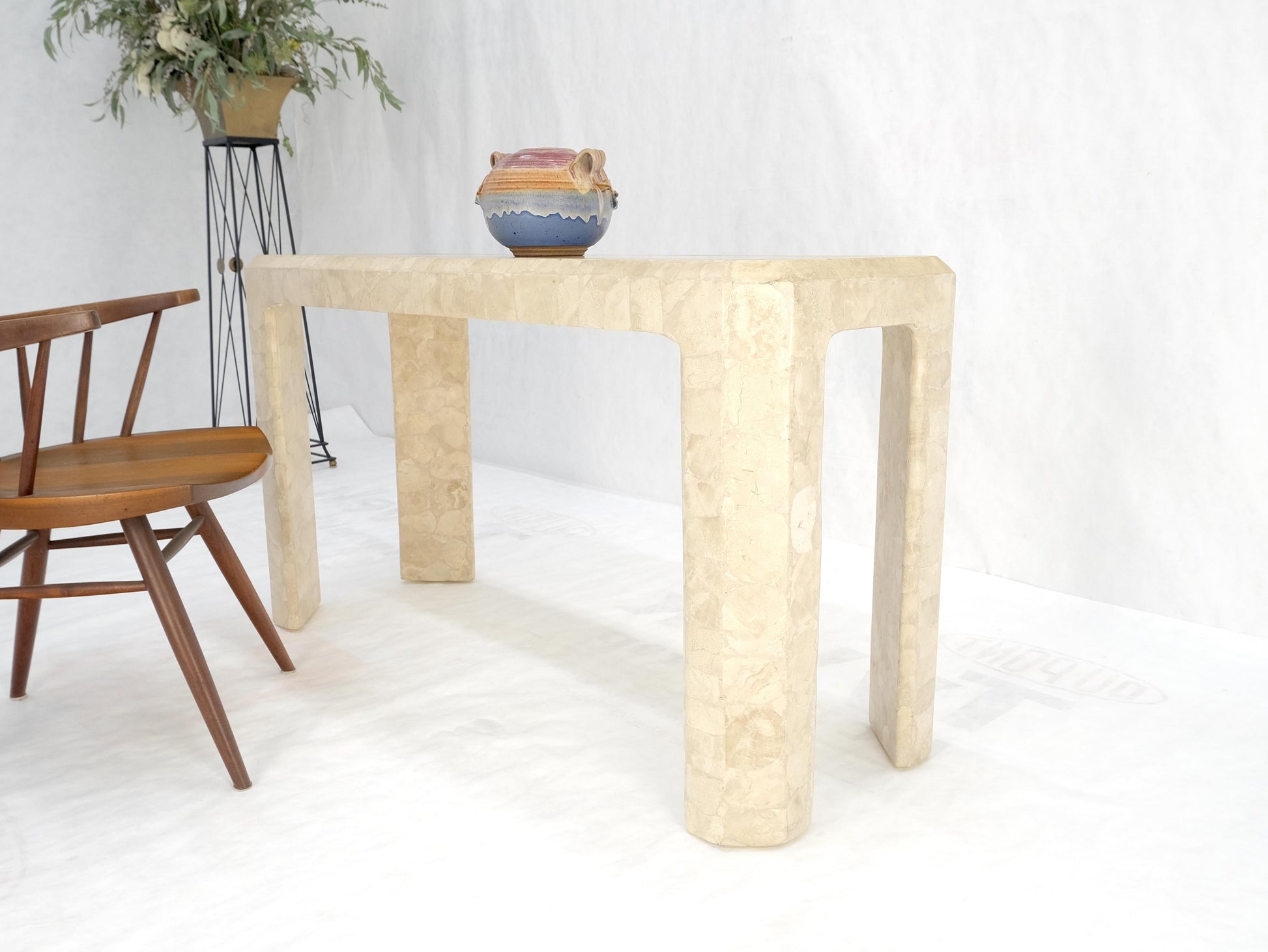 EstablishedLines Tessellated Travertine Inlayed Top Console Sofa Table Mid Century Modern MINT!