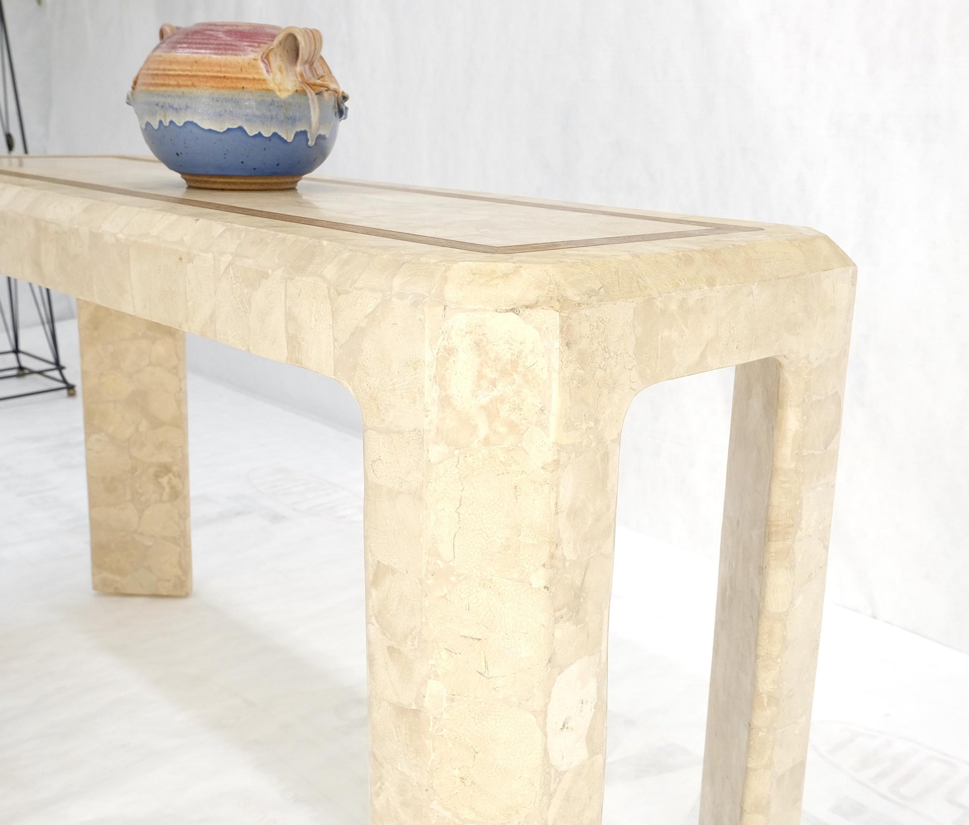 EstablishedLines Tessellated Travertine Inlayed Top Console Sofa Table Mid Century Modern MINT!