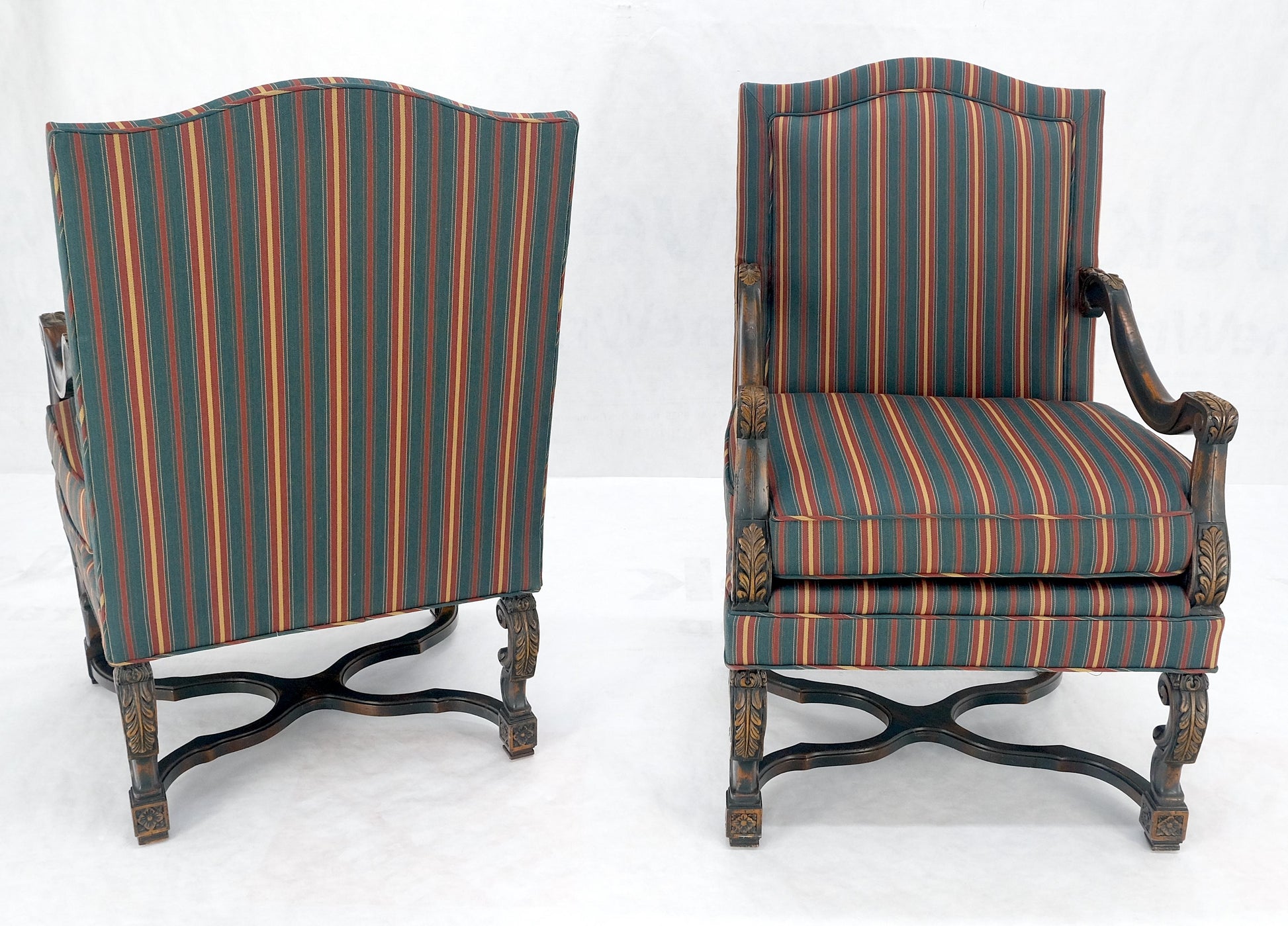 EstablishedLines Pair of Carved Bases & Arms Striped Upholstery Fire Side Arm Lounge Chairs MINT!