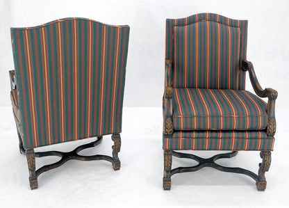 EstablishedLines Pair of Carved Bases & Arms Striped Upholstery Fire Side Arm Lounge Chairs MINT!