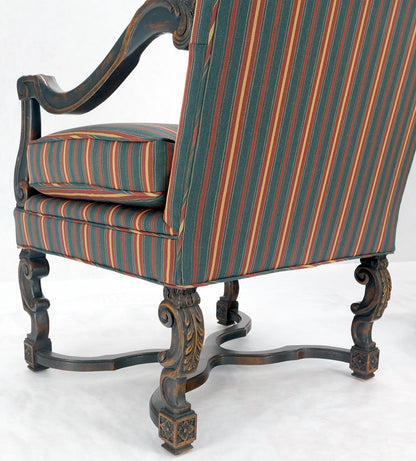 EstablishedLines Pair of Carved Bases & Arms Striped Upholstery Fire Side Arm Lounge Chairs MINT!