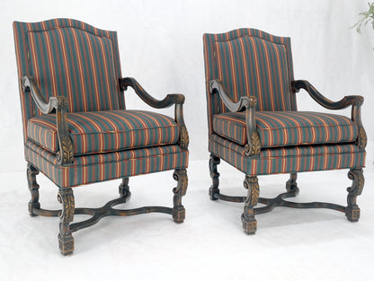 EstablishedLines Pair of Carved Bases & Arms Striped Upholstery Fire Side Arm Lounge Chairs MINT!