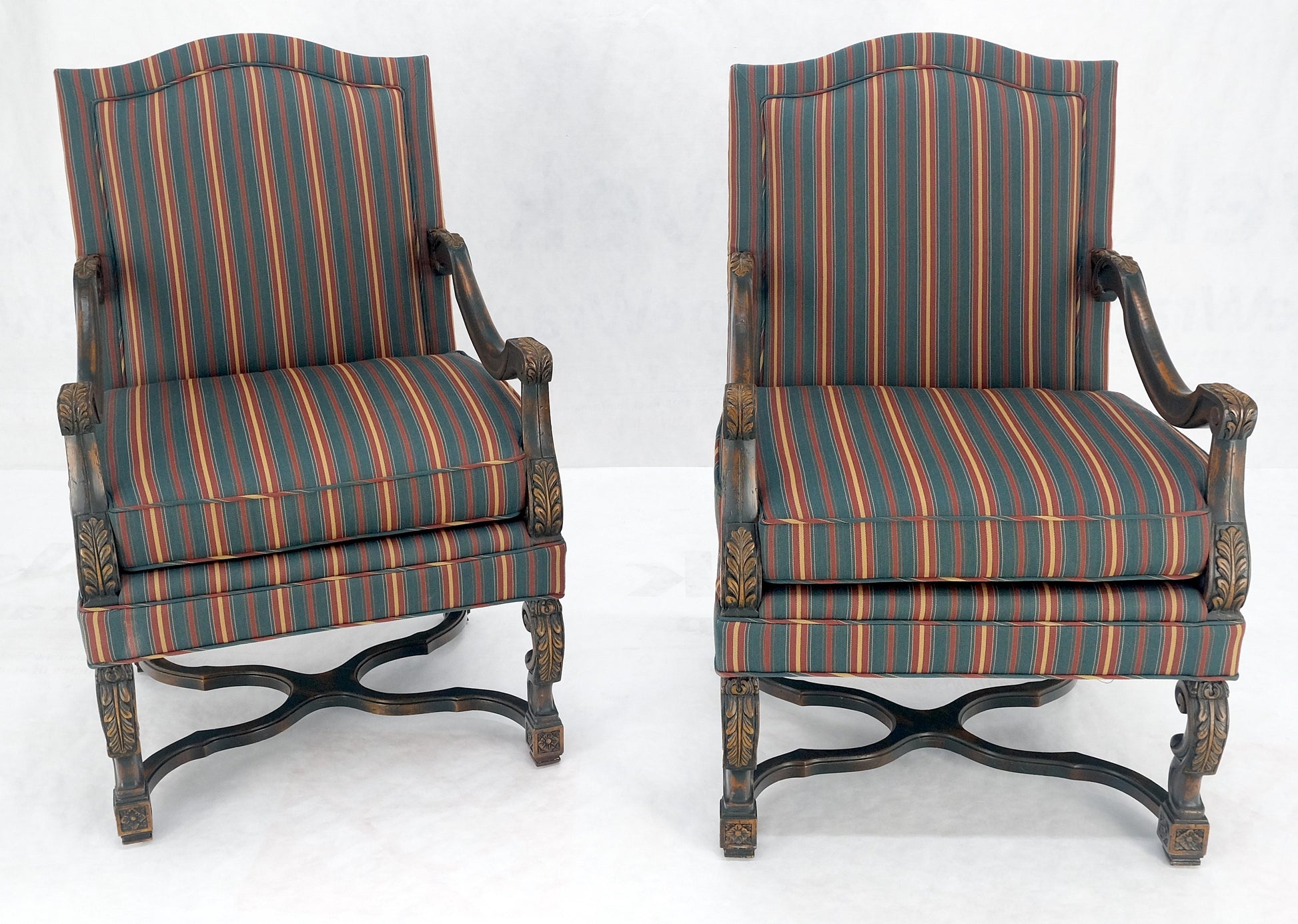 EstablishedLines Pair of Carved Bases & Arms Striped Upholstery Fire Side Arm Lounge Chairs MINT!