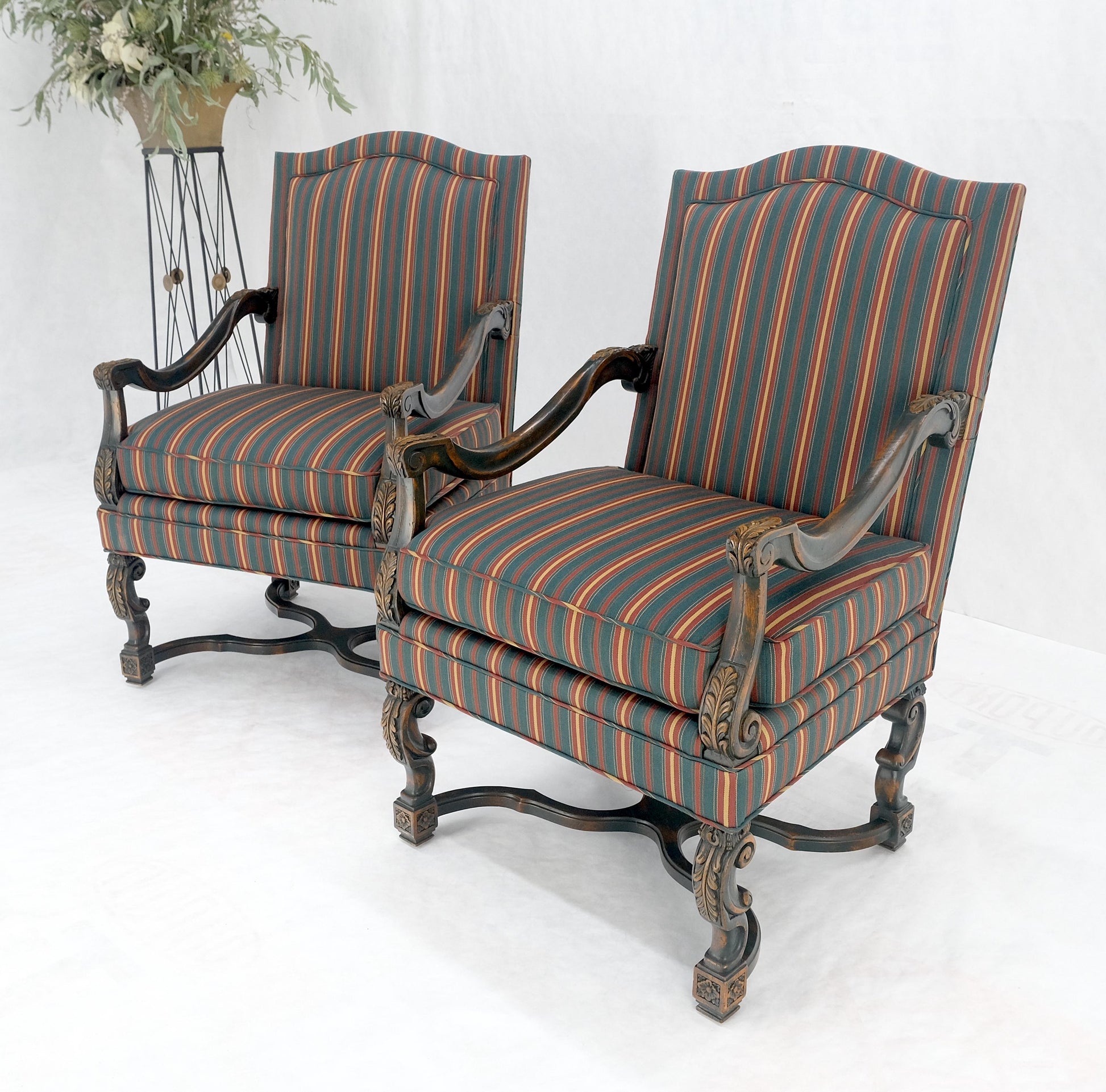 EstablishedLines Pair of Carved Bases & Arms Striped Upholstery Fire Side Arm Lounge Chairs MINT!