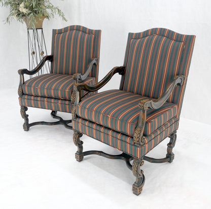 EstablishedLines Pair of Carved Bases & Arms Striped Upholstery Fire Side Arm Lounge Chairs MINT!