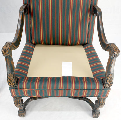 EstablishedLines Pair of Carved Bases & Arms Striped Upholstery Fire Side Arm Lounge Chairs MINT!