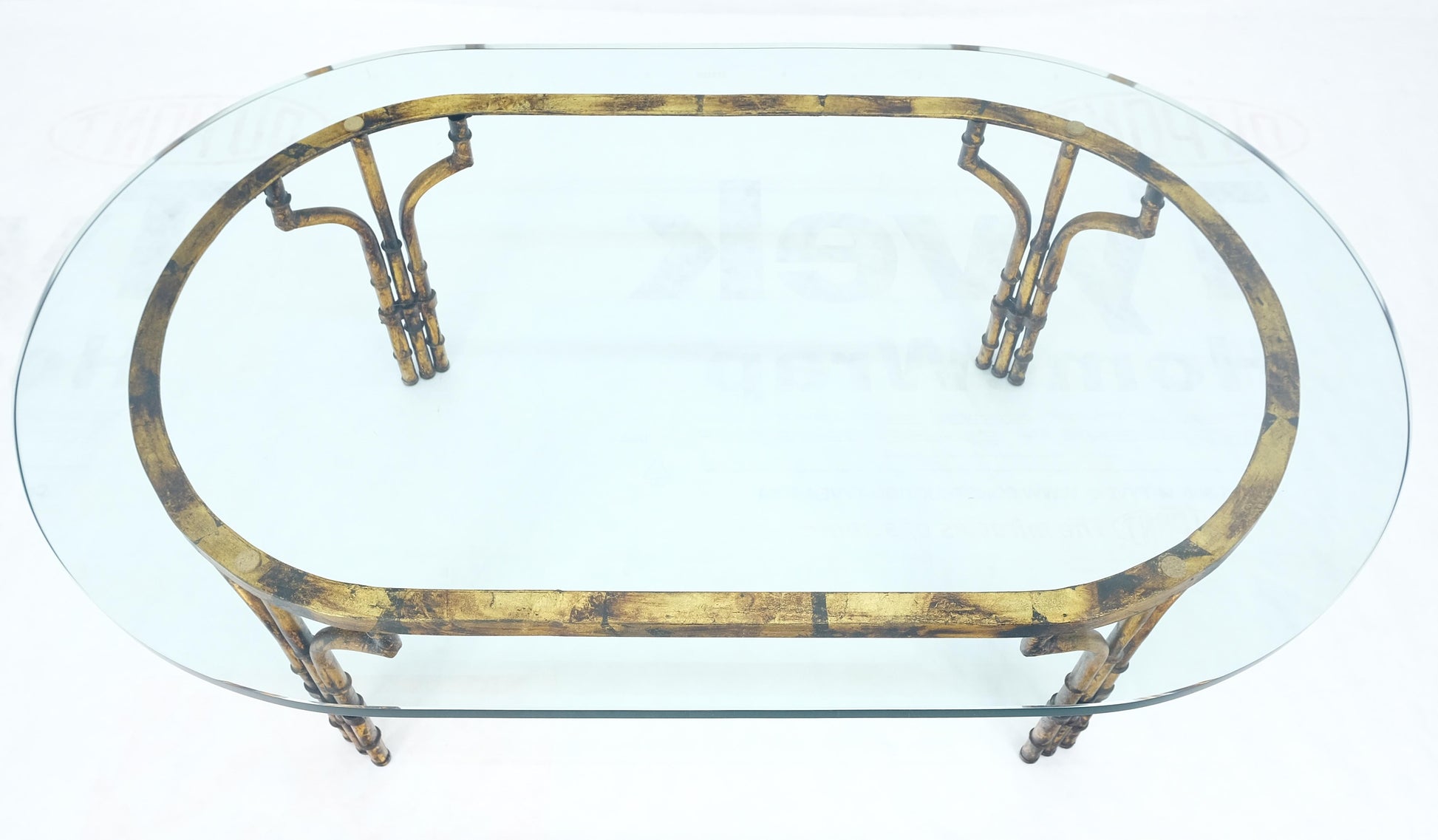 EstablishedLines Faux Metal Bamboo Base Racetrack Oval 3/4" Thick Glass Top Coffee Table MINT!