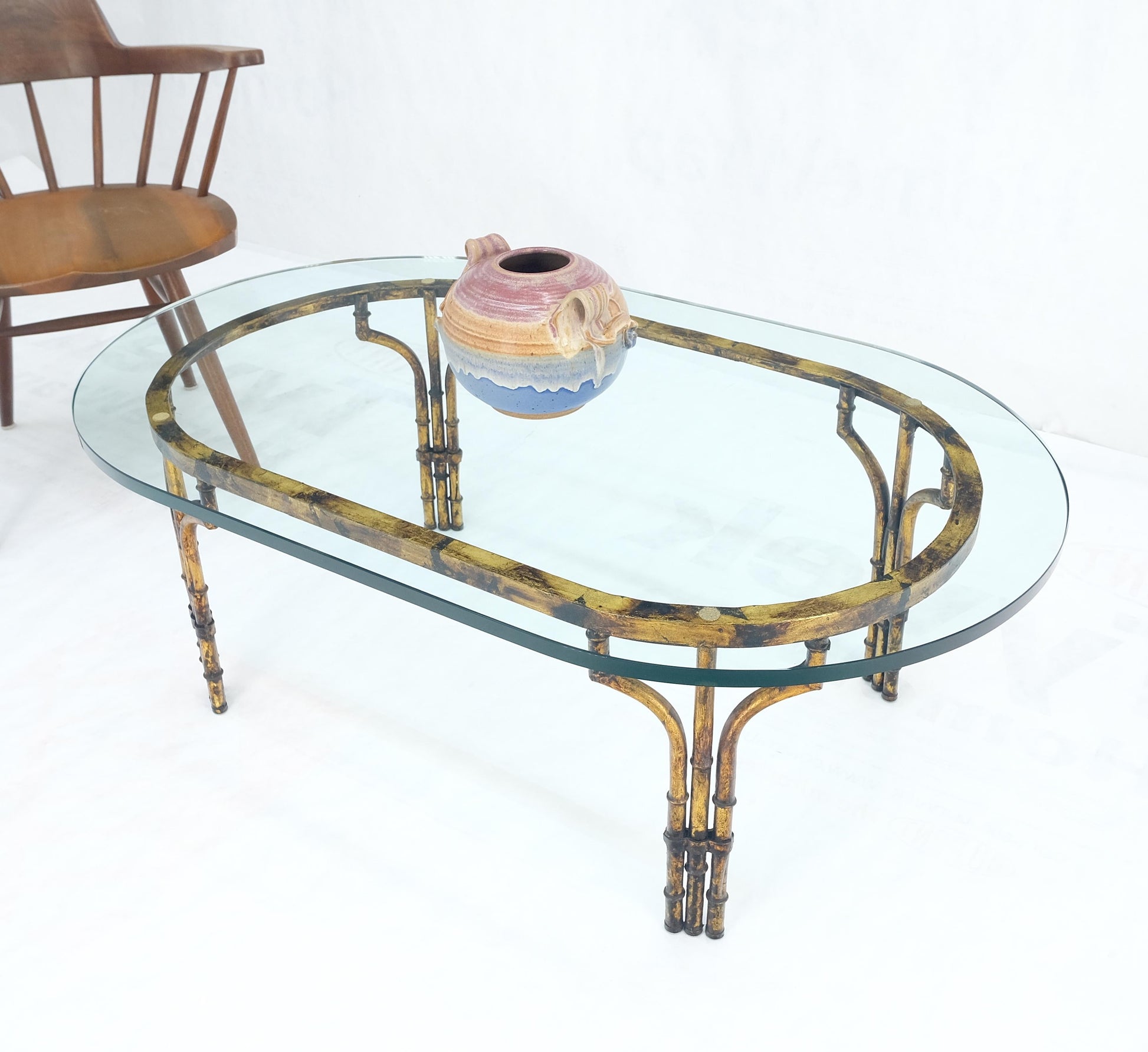 EstablishedLines Faux Metal Bamboo Base Racetrack Oval 3/4" Thick Glass Top Coffee Table MINT!
