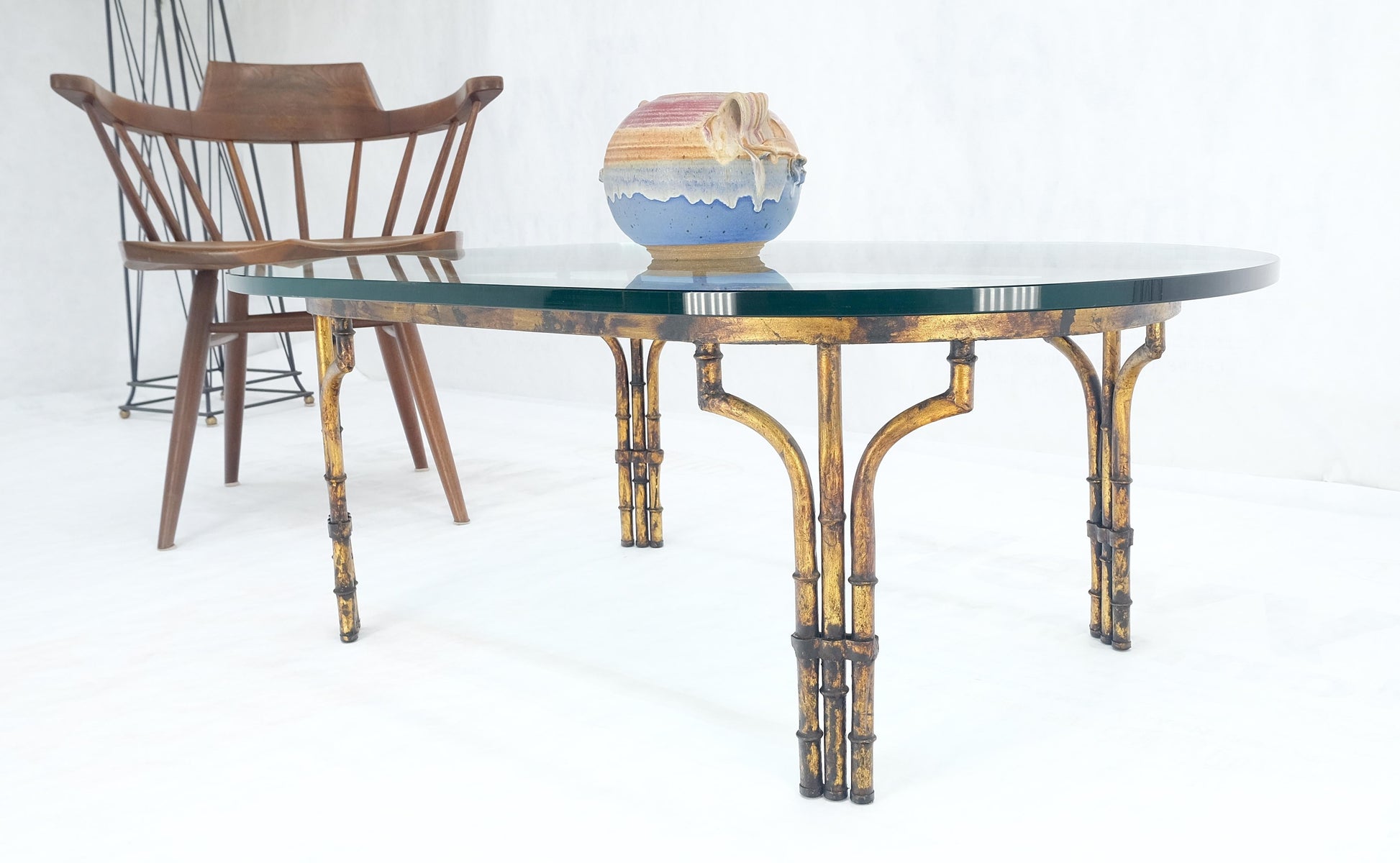 EstablishedLines Faux Metal Bamboo Base Racetrack Oval 3/4" Thick Glass Top Coffee Table MINT!