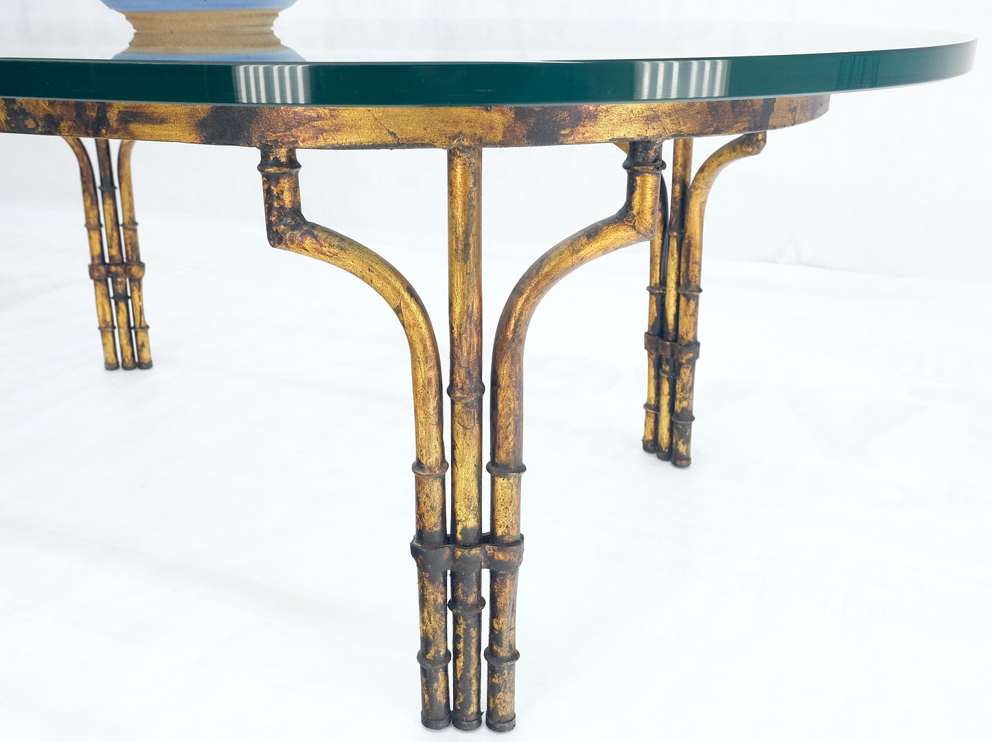 EstablishedLines Faux Metal Bamboo Base Racetrack Oval 3/4" Thick Glass Top Coffee Table MINT!
