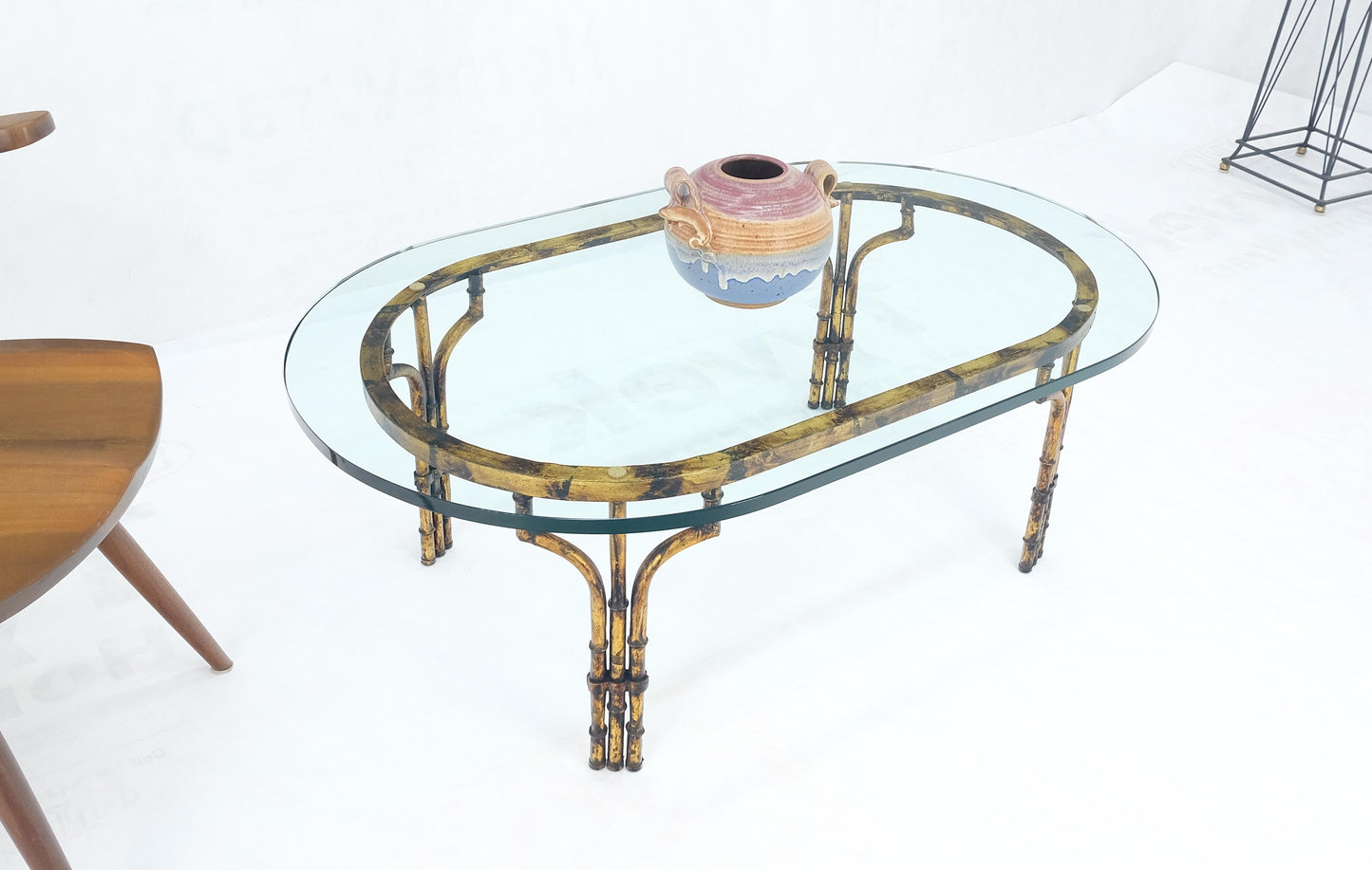 EstablishedLines Faux Metal Bamboo Base Racetrack Oval 3/4" Thick Glass Top Coffee Table MINT!
