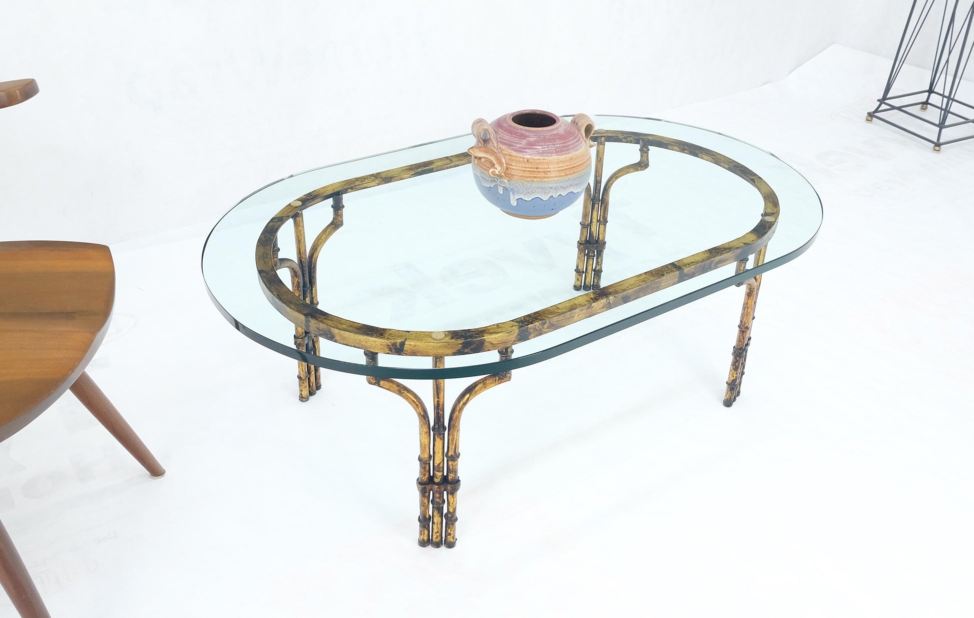 EstablishedLines Faux Metal Bamboo Base Racetrack Oval 3/4" Thick Glass Top Coffee Table MINT!