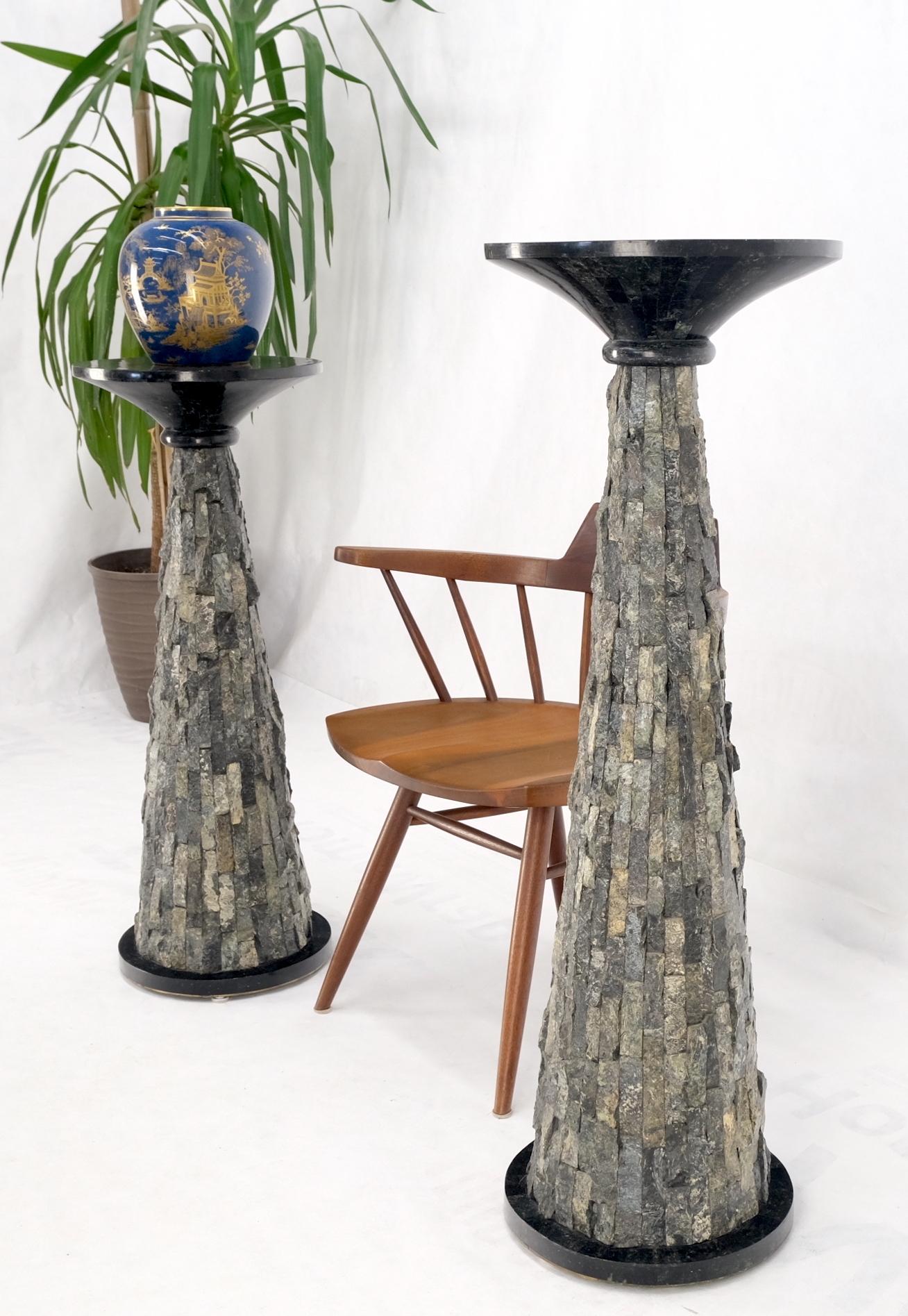 Pair of Polished & Rough Stone Tiles Cone Shape Non Matching Pair of Pedestals