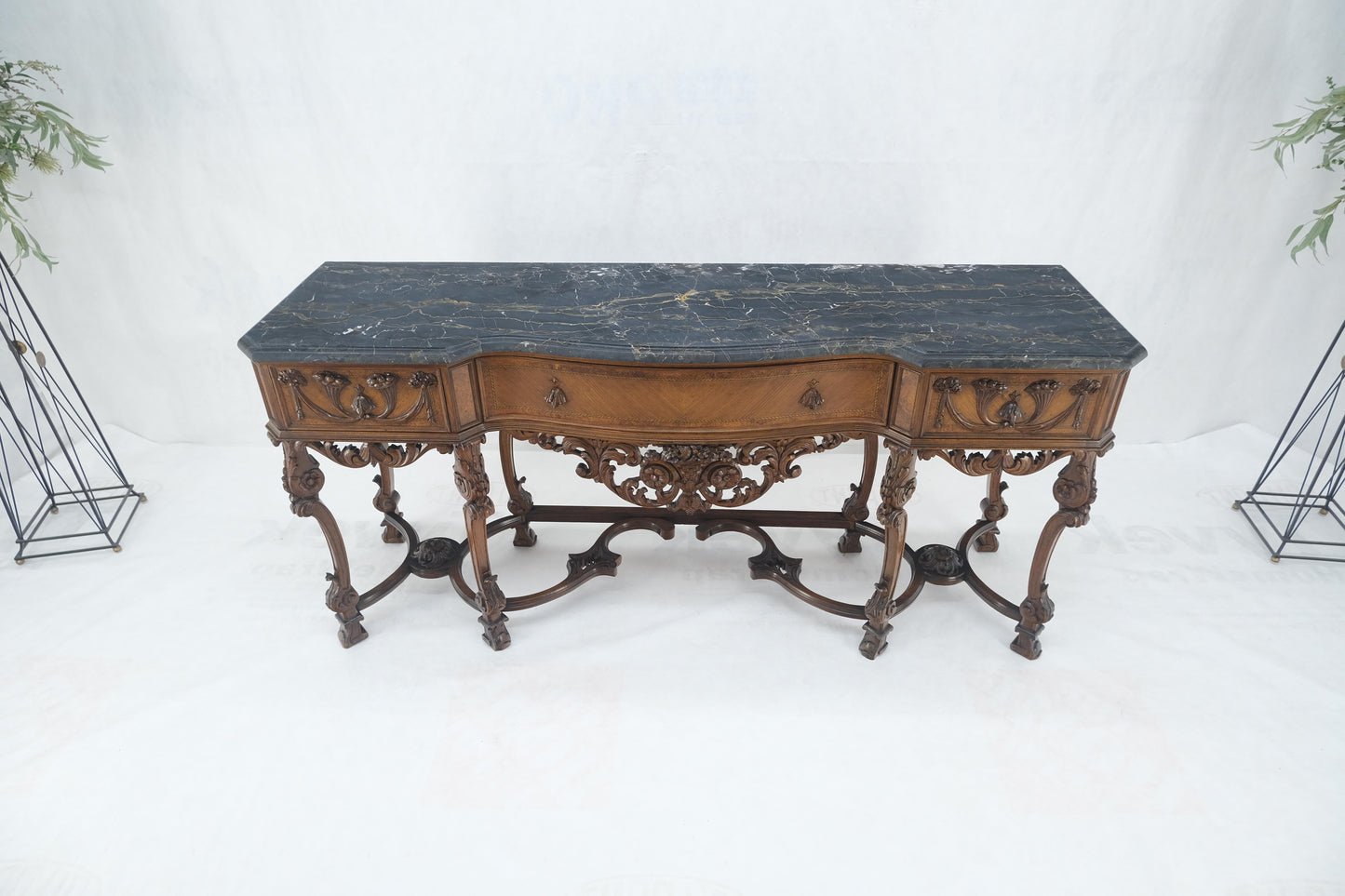 Antique Dovetailed Inlaid Carved Walnut Marble Top SideBoard Server Buffet MINT!