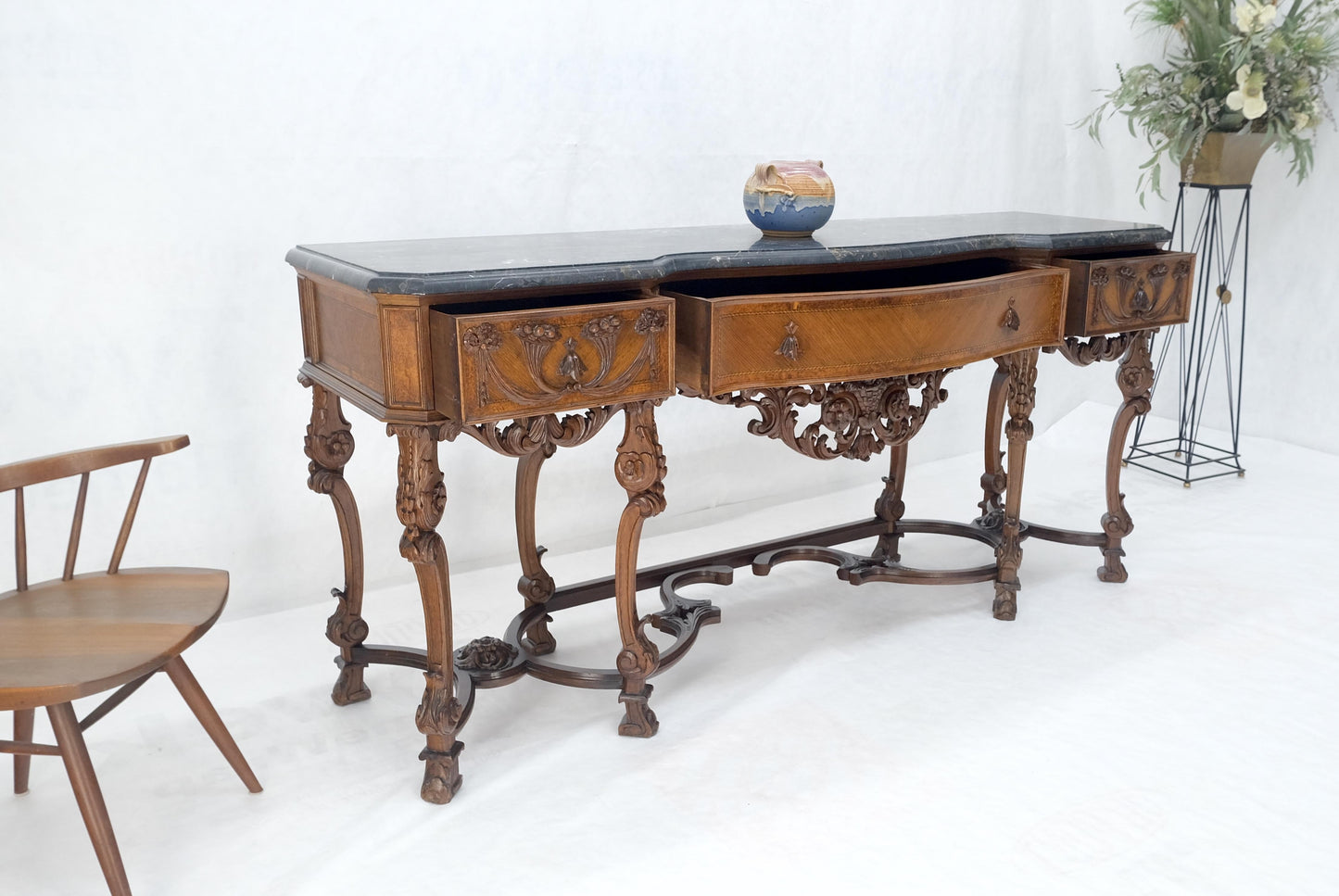 Antique Dovetailed Inlaid Carved Walnut Marble Top SideBoard Server Buffet MINT!