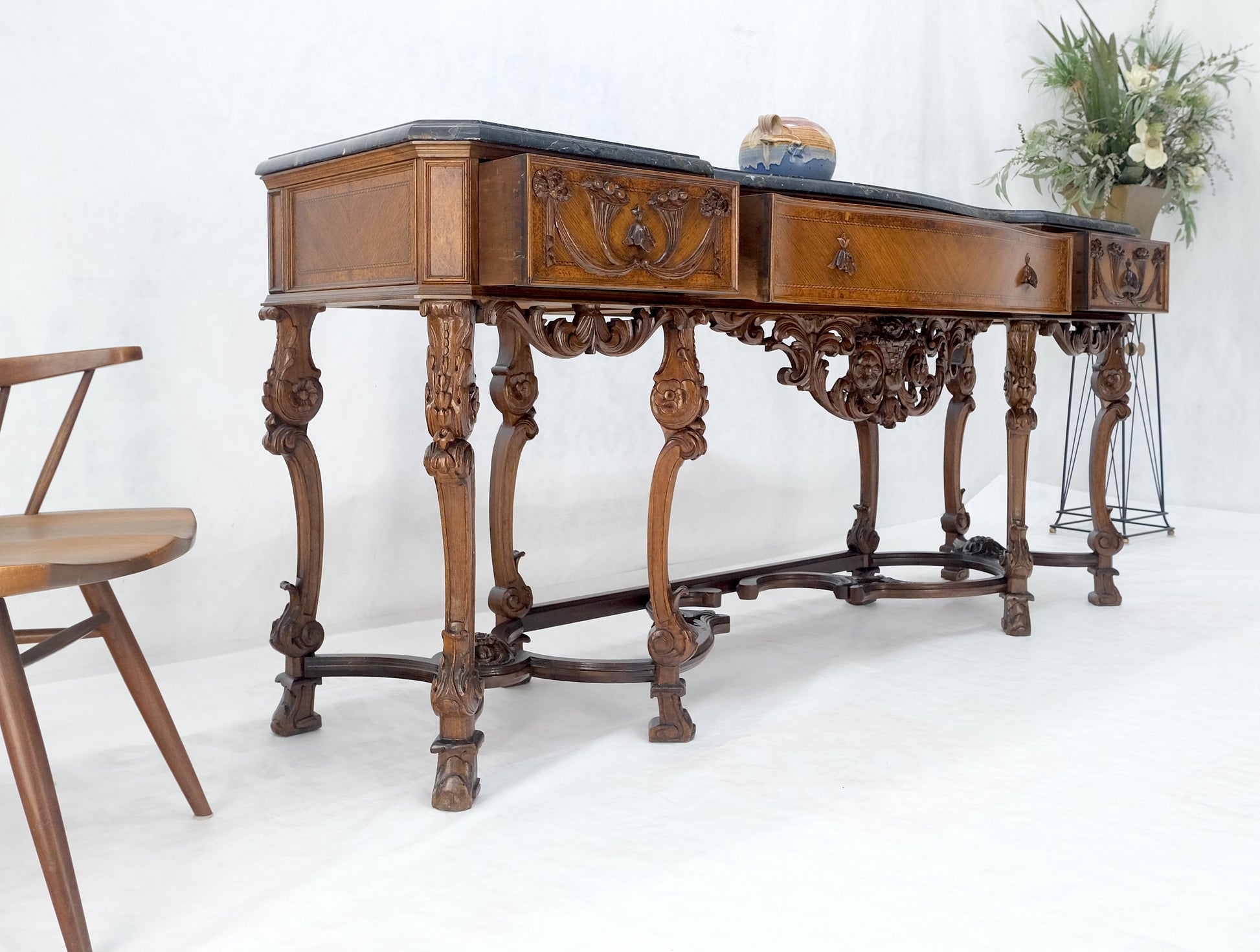 EstablishedLines Antique Dovetailed Inlaid Carved Walnut Marble Top SideBoard Server Buffet MINT!