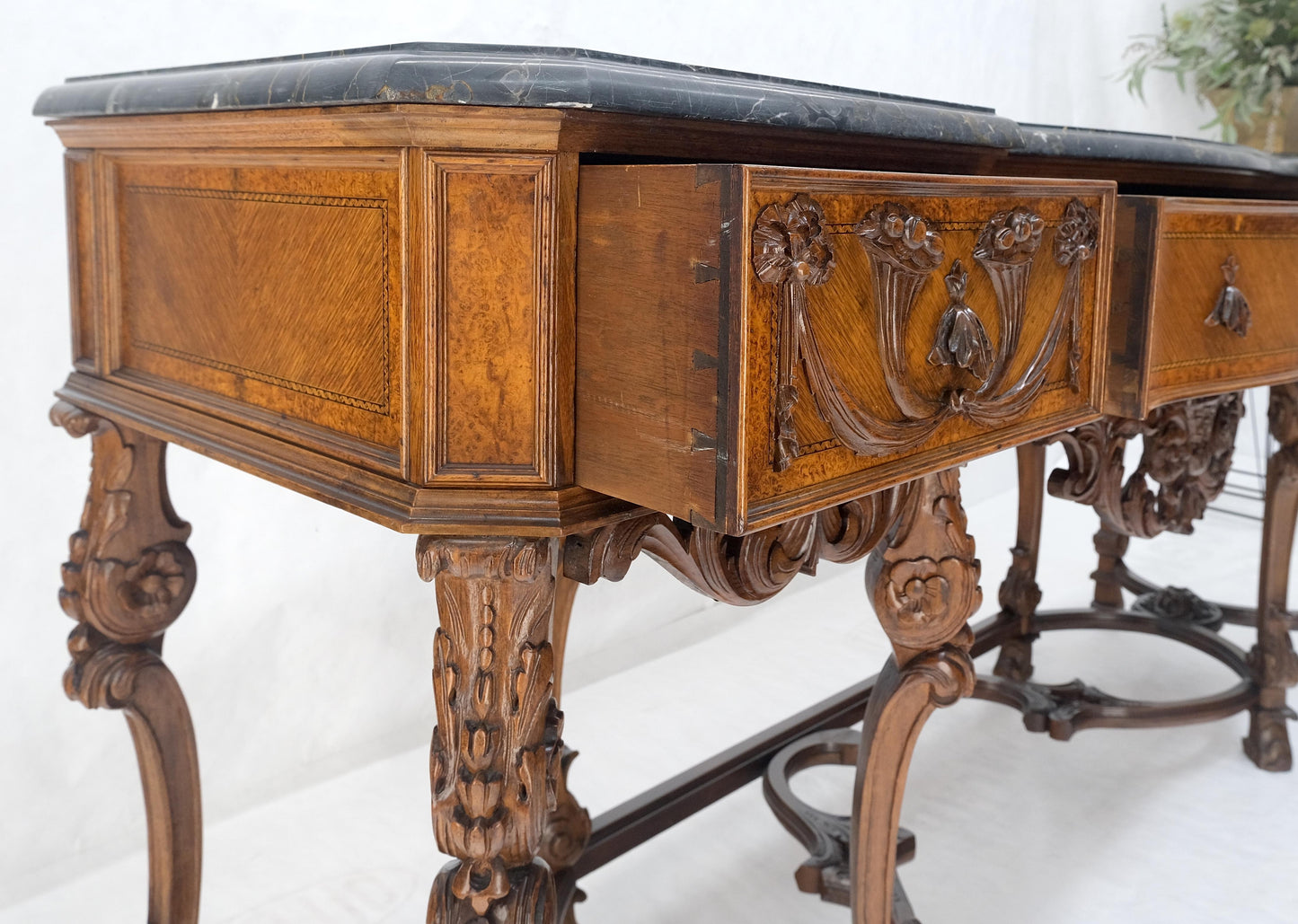 Antique Dovetailed Inlaid Carved Walnut Marble Top SideBoard Server Buffet MINT!