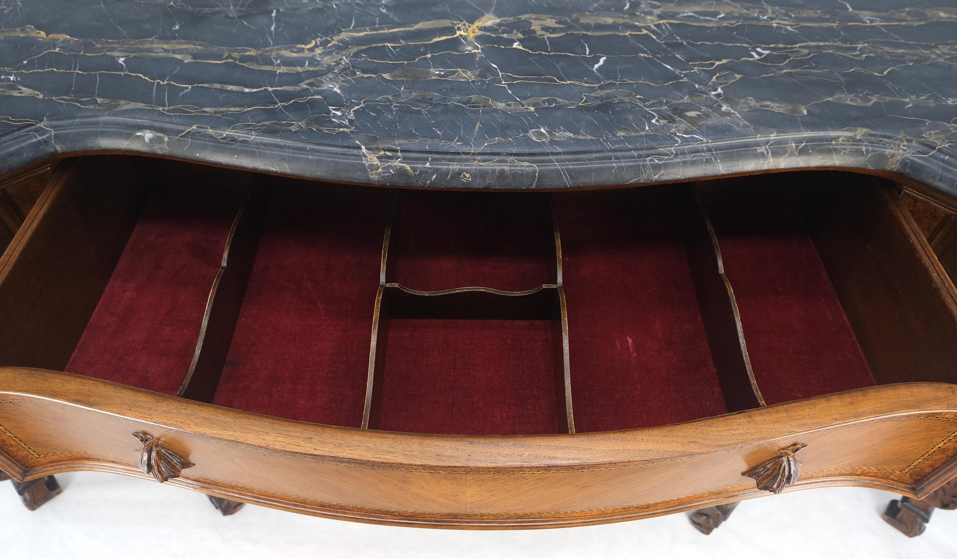 EstablishedLines Antique Dovetailed Inlaid Carved Walnut Marble Top SideBoard Server Buffet MINT!